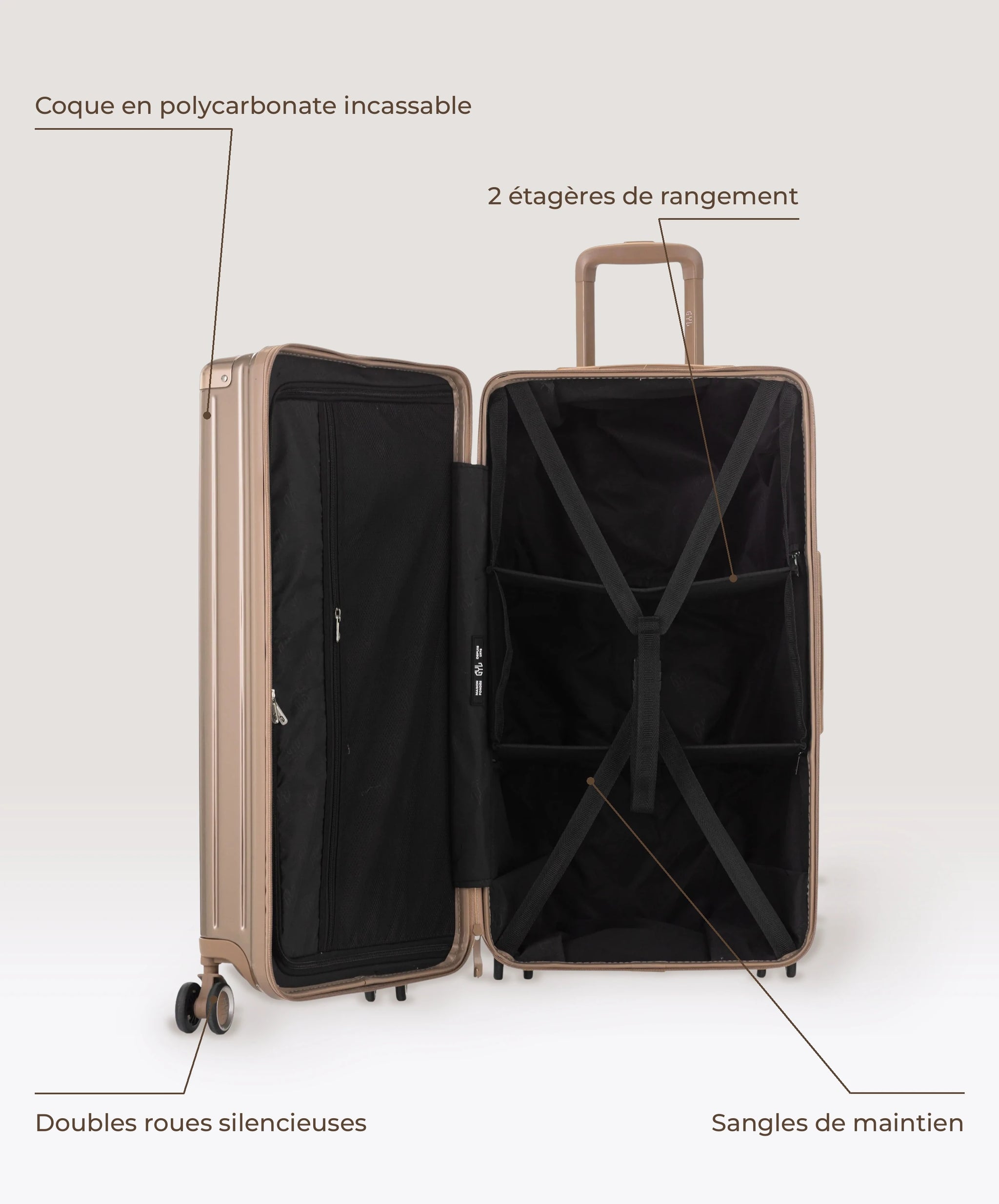 Valise Trunk L Intemporelle GYL en polycarbonate 71 cm coloris champagne, interieur ouvert, 2 etageres de rangement, sangles de maintien, coque en polycarbonate et doubles roues