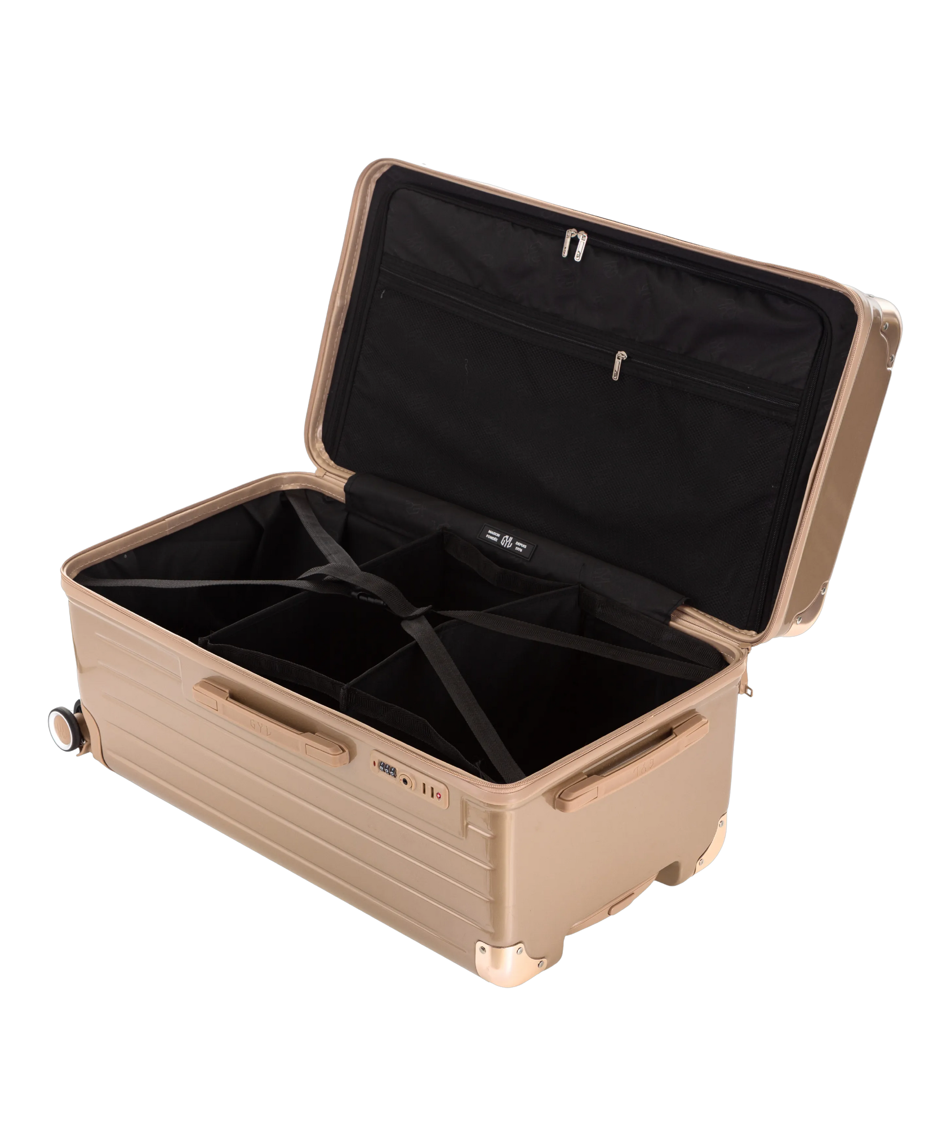 Valise Trunk L Intemporelle GYL en polycarbonate 71 cm coloris champagne interieur ouvert a plat vu de dessus avec separateurs