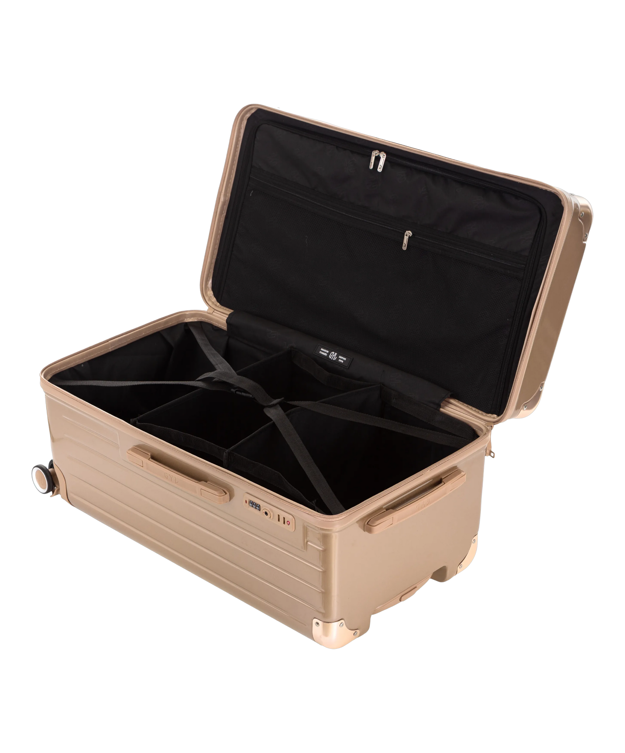 Valise Trunk L Intemporelle GYL en polycarbonate 71 cm coloris champagne interieur ouvert a plat vu de dessus avec separateurs