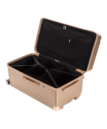 Valise Trunk L Intemporelle GYL en polycarbonate 71 cm coloris champagne interieur ouvert a plat vu de dessus avec separateurs