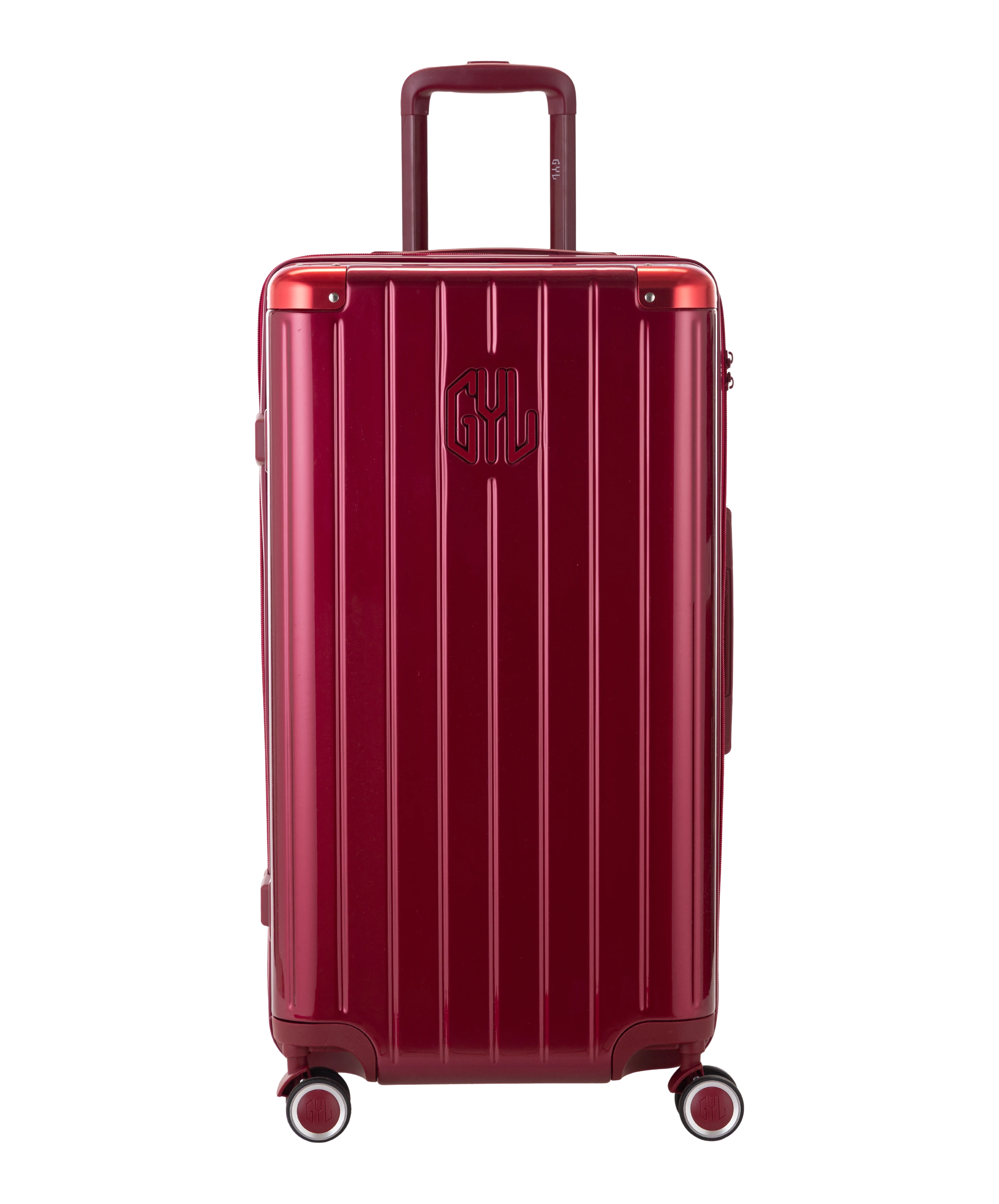 Valise Trunk GYL en polycarbonate Trunk L 75 cm coloris rouge fonce vue de face avec logo GYL