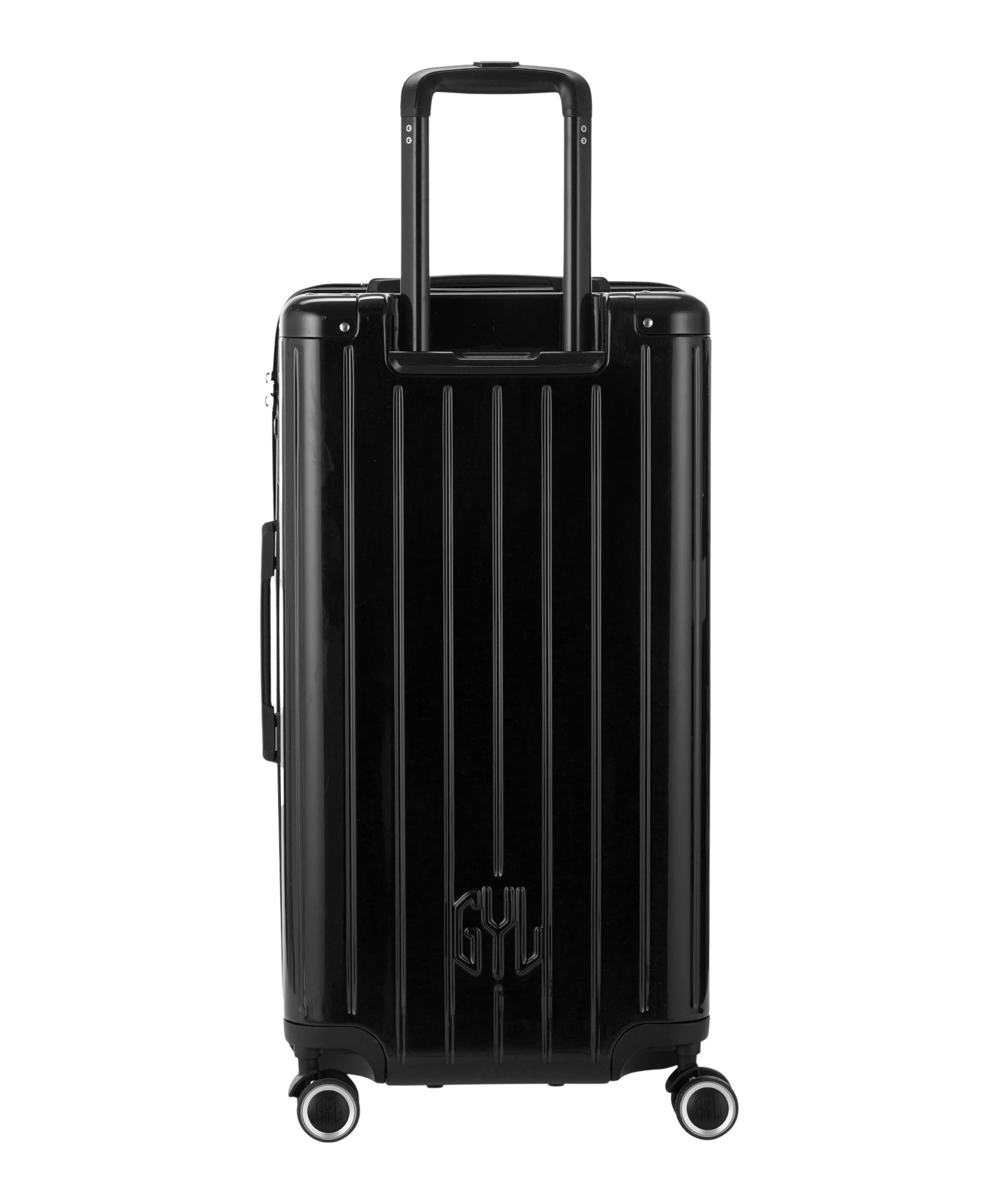 Valise Trunk L Intemporelle GYL en polycarbonate 71 cm coloris noir vue de dos avec trolley telescopique deploye