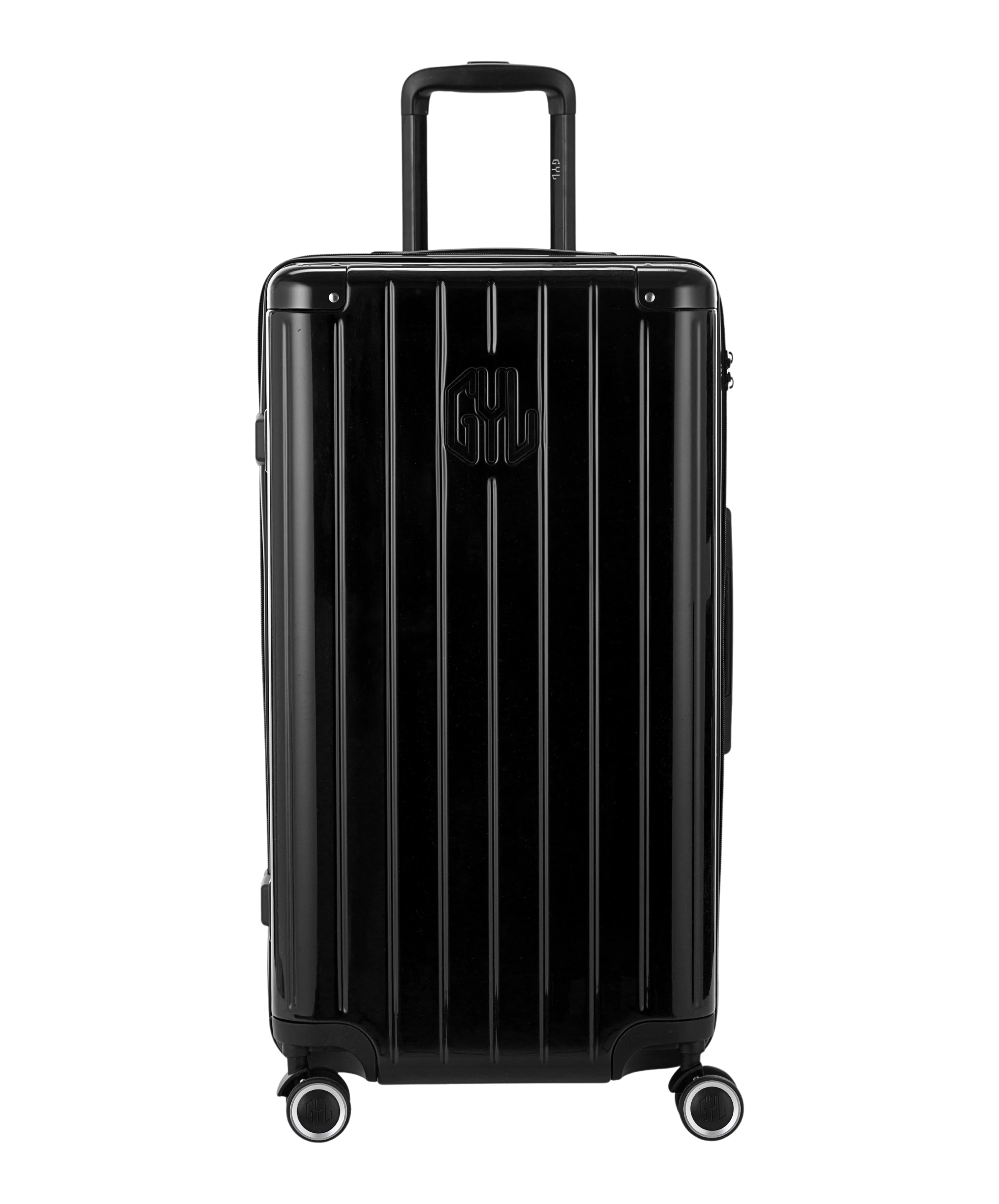 Valise Trunk L Intemporelle GYL en polycarbonate 71 cm coloris noir vue de face avec logo GYL en relief