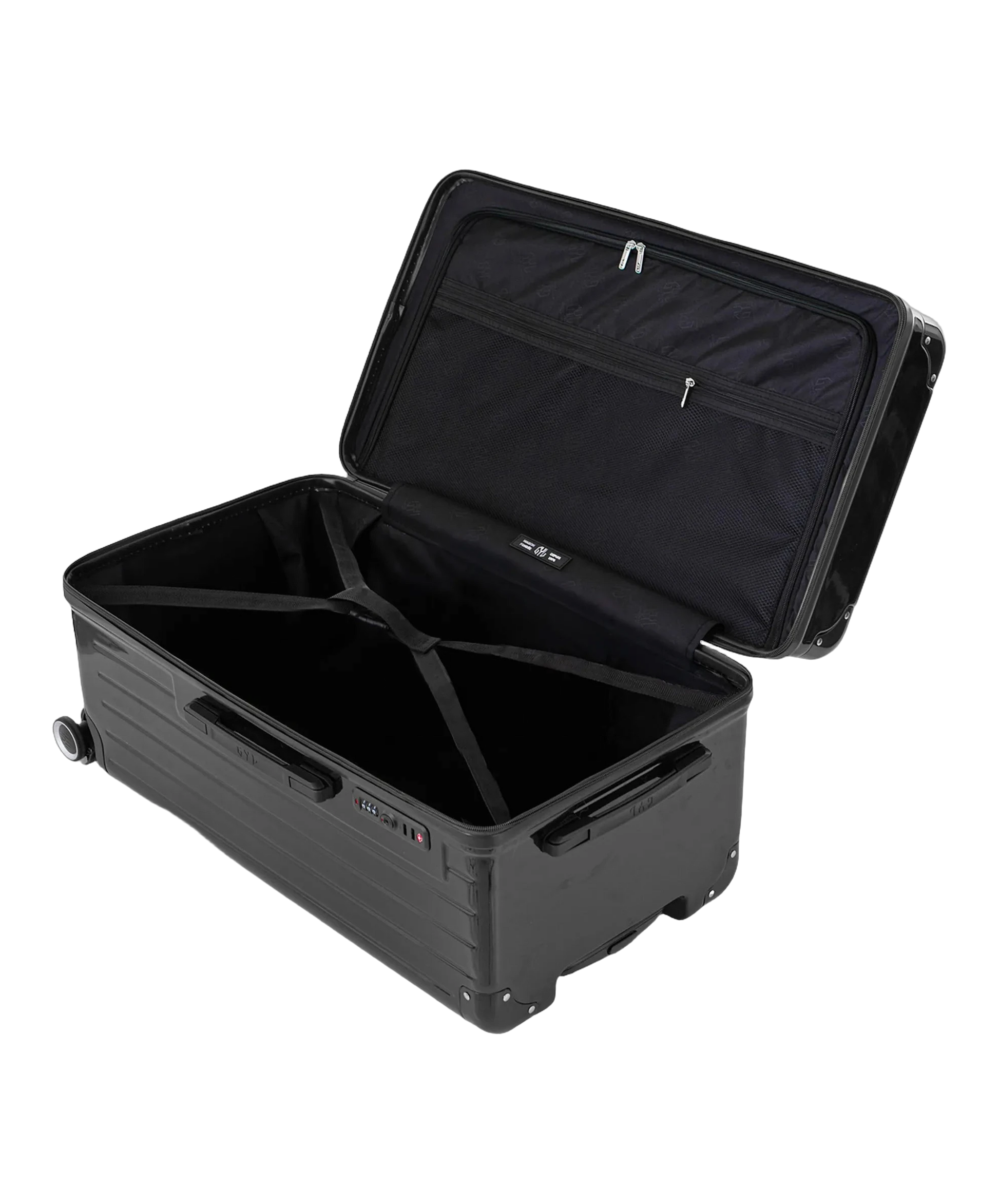 Interieur de la valise trunk GYL L noir ouvert avec compartiments et sangles