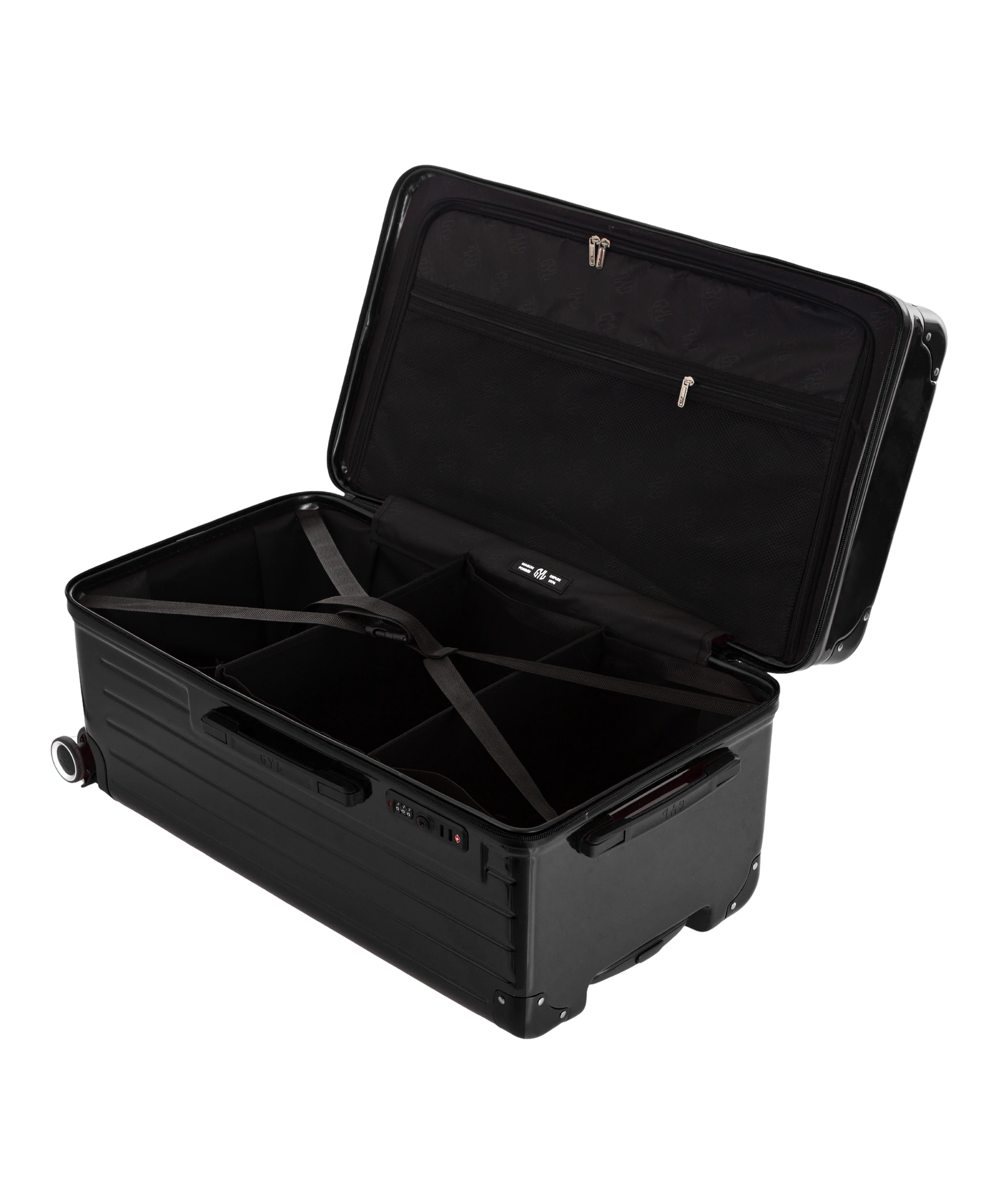 Valise Trunk L Intemporelle GYL en polycarbonate 71 cm coloris noir interieur ouvert a plat vu de dessus avec separateurs