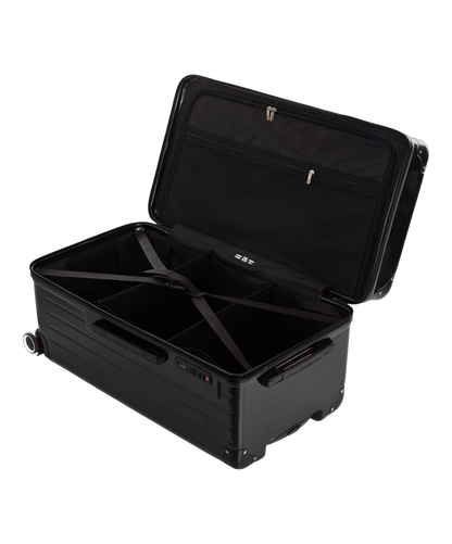 Valise Trunk L Intemporelle GYL en polycarbonate 71 cm coloris noir interieur ouvert a plat vu de dessus avec separateurs
