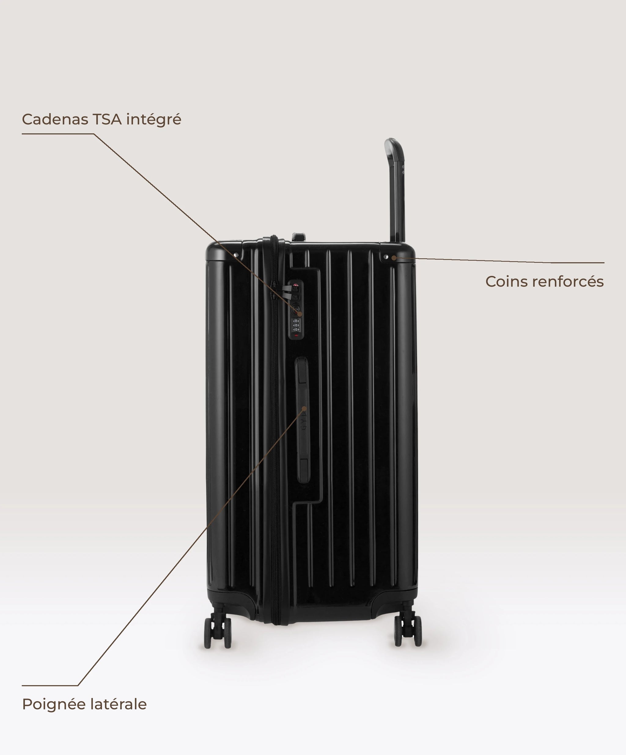 Valise Trunk L Intemporelle GYL en polycarbonate 71 cm coloris noir, vue de profil, cadenas TSA integre, poignee laterale et coins renforces