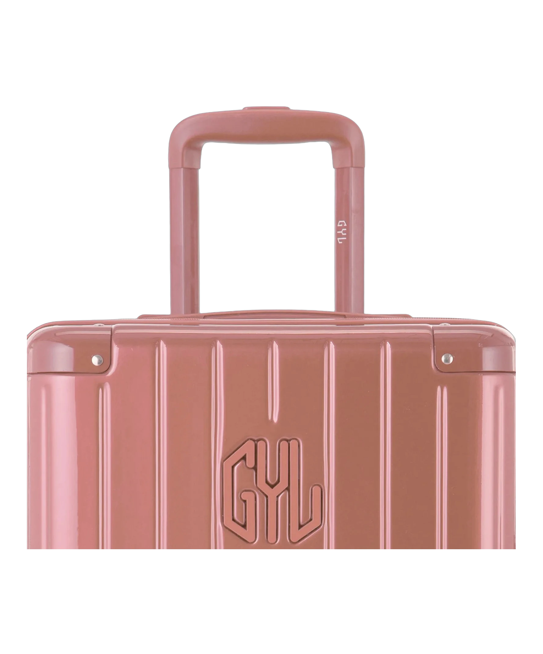 Zoom sur la poignee trolley et le logo GYL de la valise trunk L rose gold