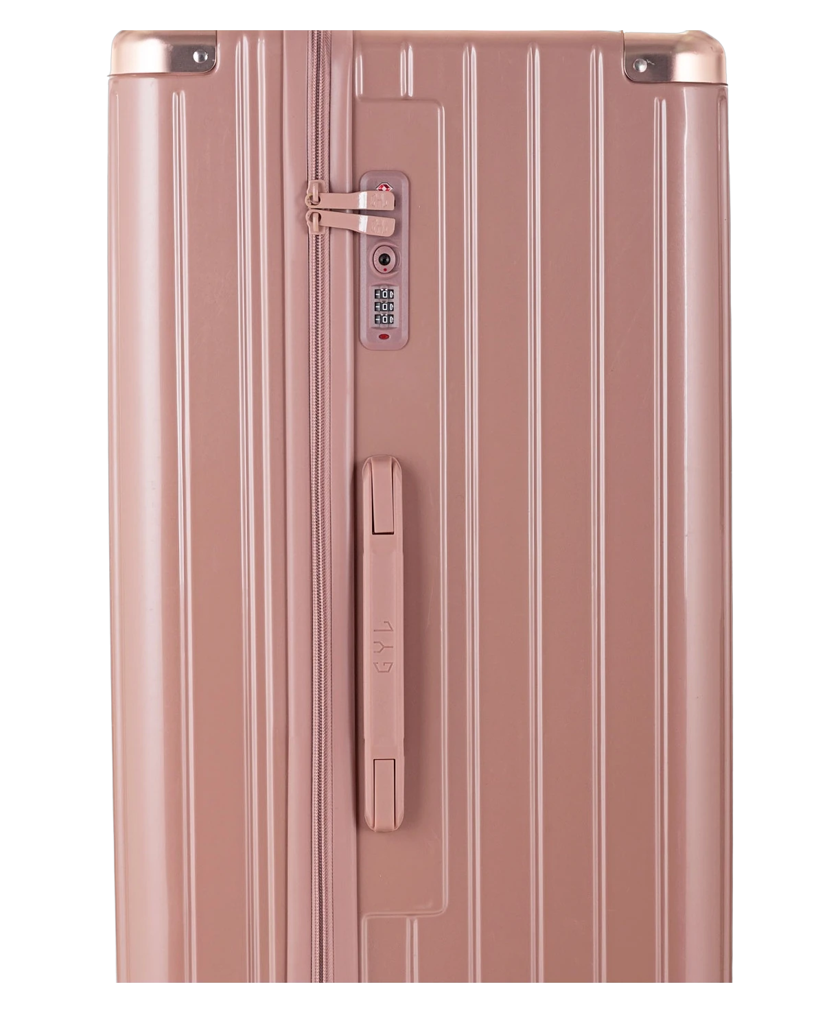 Valise Trunk L Intemporelle GYL en polycarbonate 71 cm coloris rose gold gros plan sur la serrure TSA et la fermeture eclair