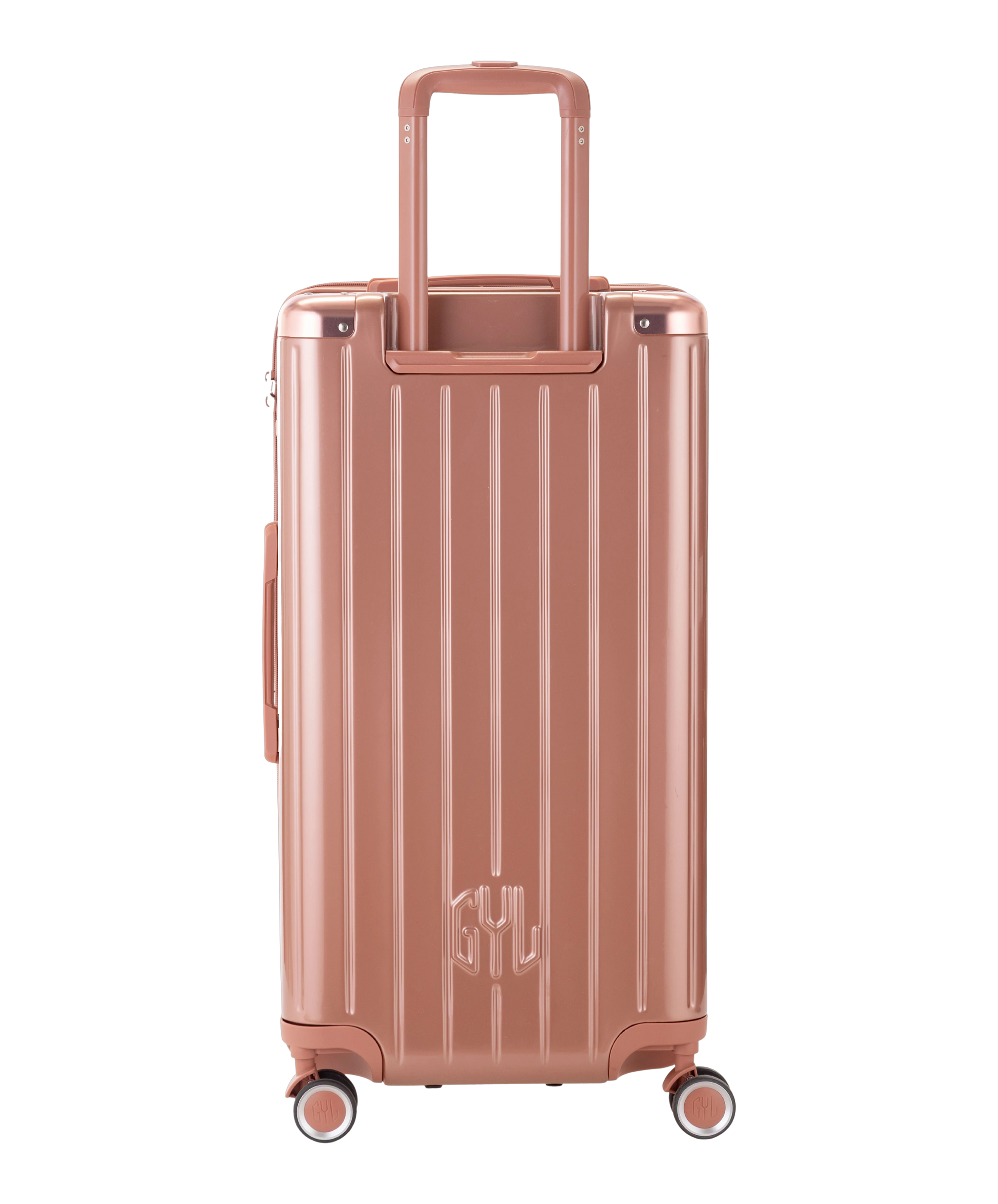 Valise Trunk L Intemporelle GYL en polycarbonate 71 cm coloris rose gold vue de dos avec trolley telescopique deploye
