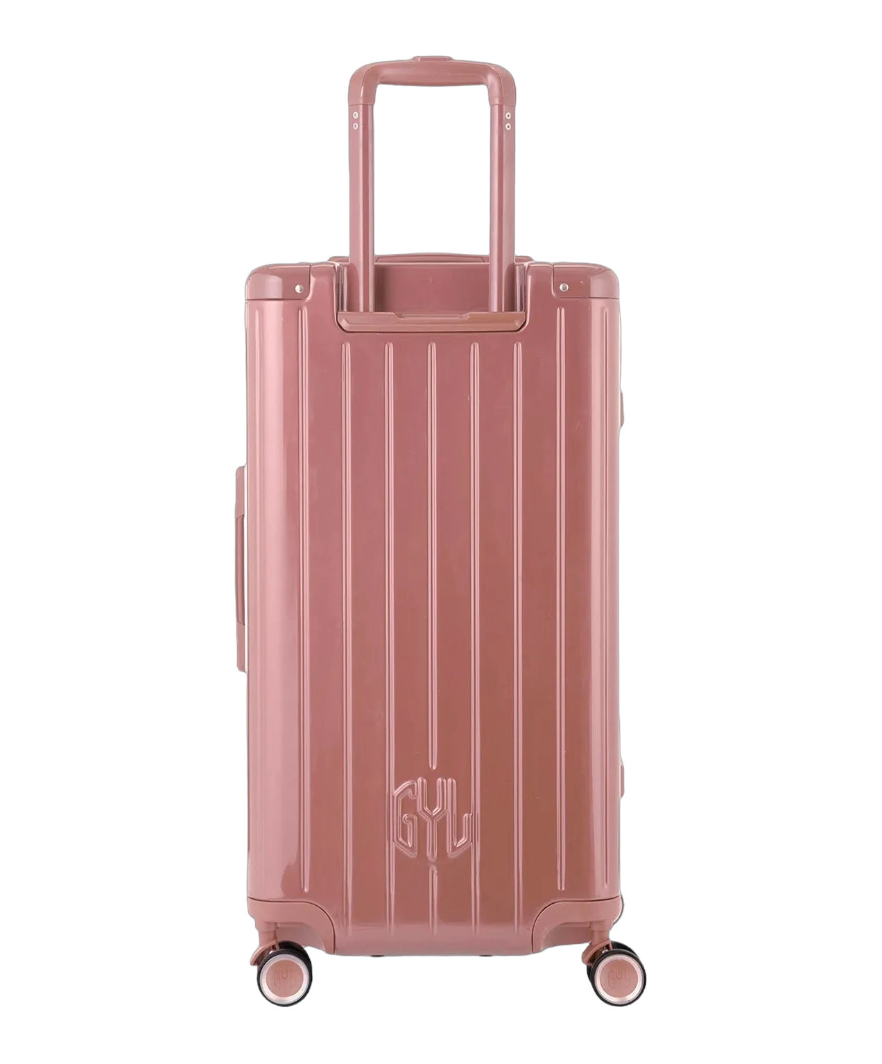 Dos de la valise trunk GYL L rose gold avec trolley telescopique deploye