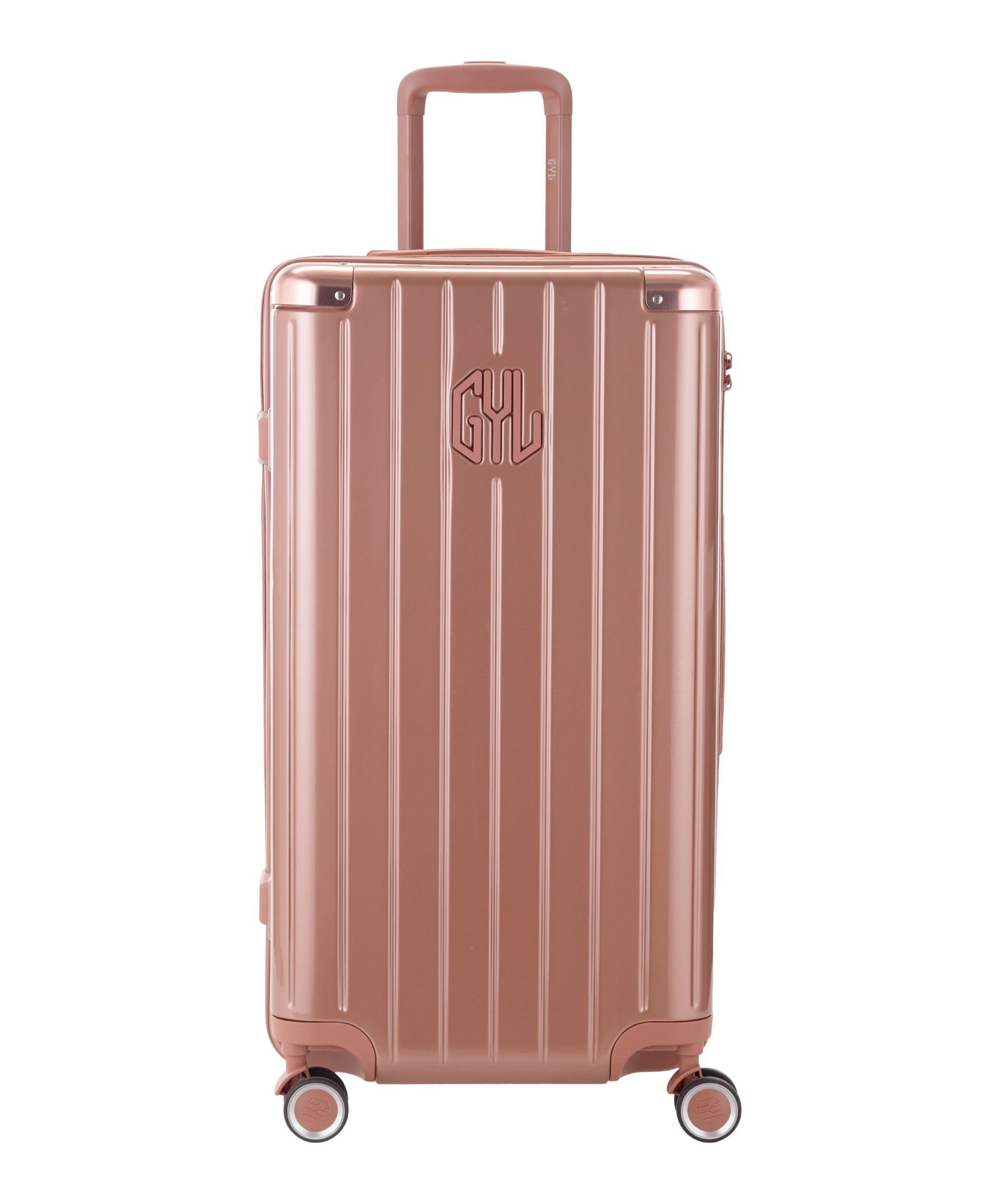 Valise Trunk L Intemporelle GYL en polycarbonate 71 cm coloris rose gold vue de face avec logo GYL en relief