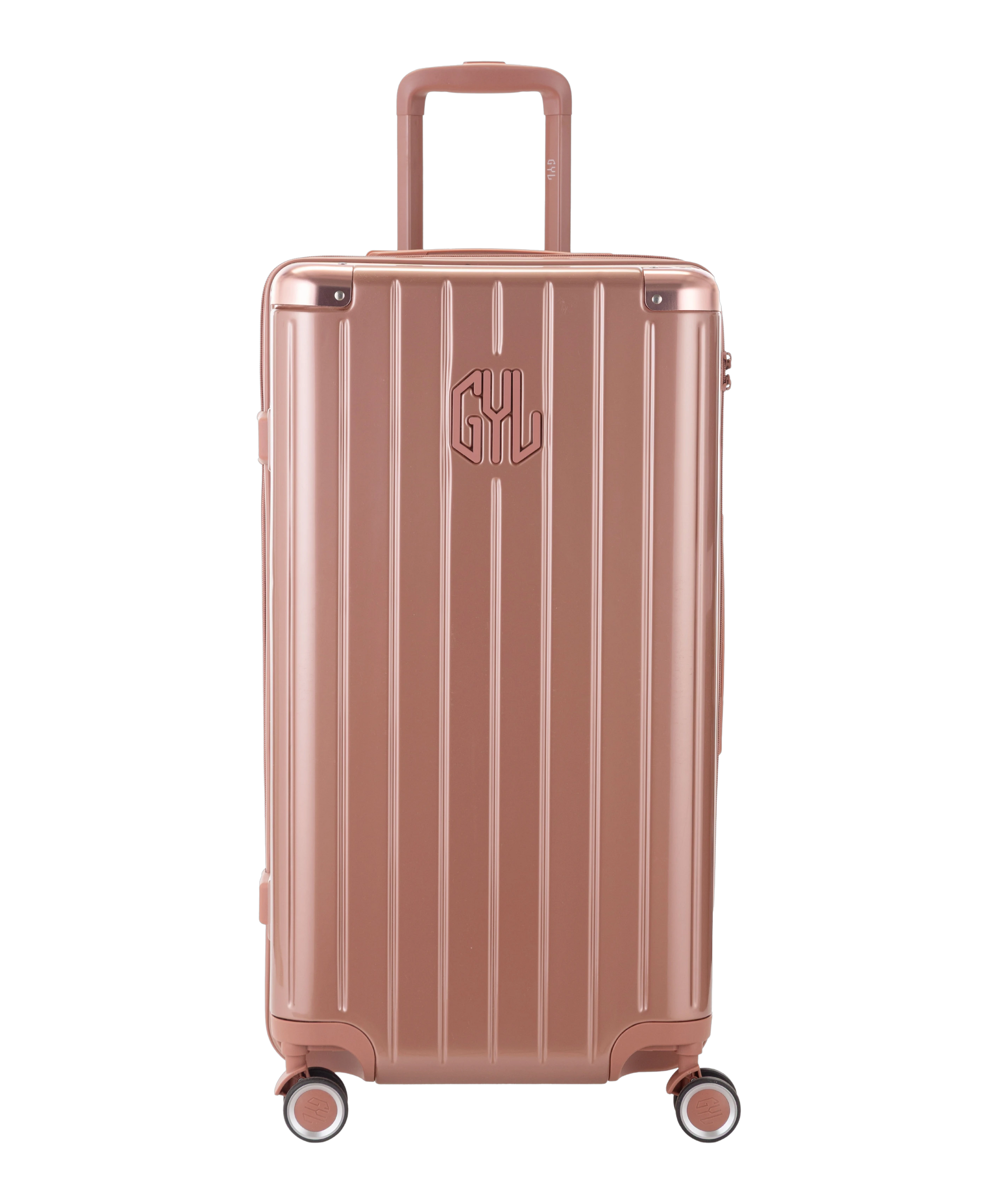 Valise Trunk L Intemporelle GYL en polycarbonate 71 cm coloris rose gold vue de face avec logo GYL en relief