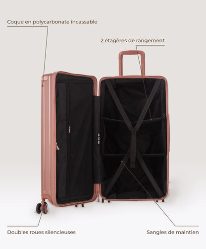 Valise Trunk L Intemporelle GYL en polycarbonate 71 cm coloris rose gold, interieur ouvert, 2 etageres de rangement, sangles de maintien, coque en polycarbonate et doubles roues