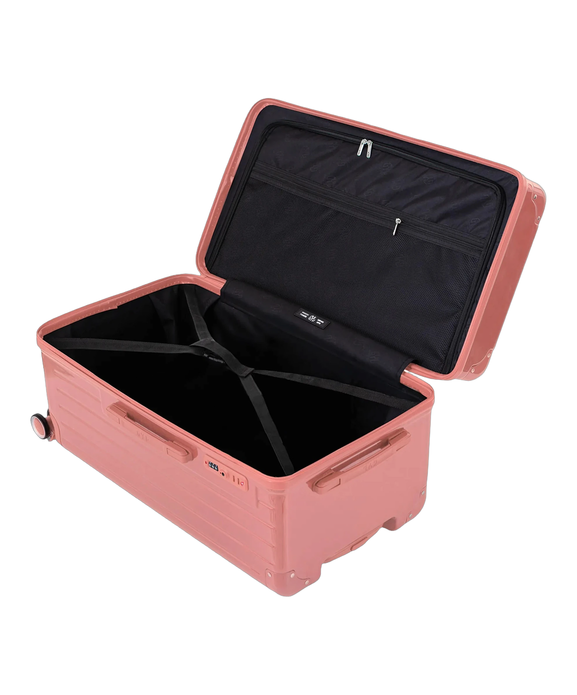 Interieur de la valise trunk GYL L rose gold ouvert avec compartiments et sangles