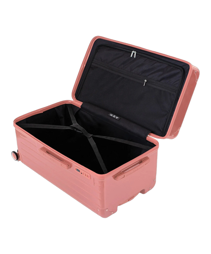 Interieur de la valise trunk GYL L rose gold ouvert avec compartiments et sangles