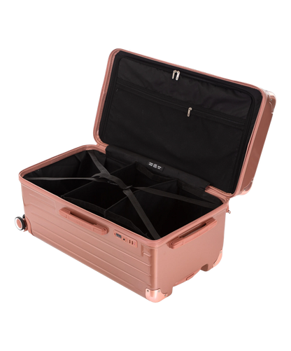 Valise Trunk L Intemporelle GYL en polycarbonate 71 cm coloris rose gold interieur ouvert a plat vu de dessus avec separateurs