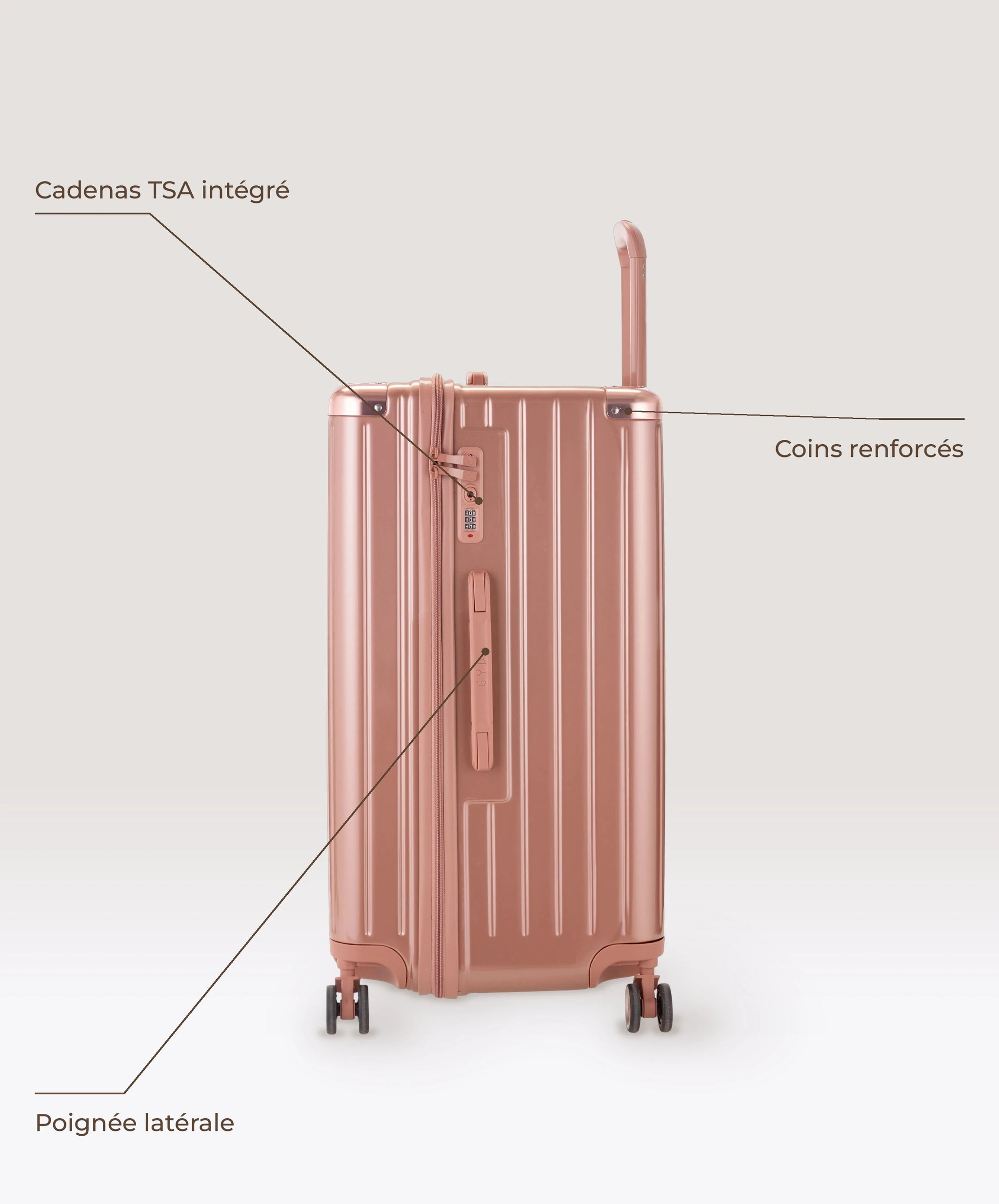 Valise Trunk L Intemporelle GYL en polycarbonate 71 cm coloris rose gold, vue de profil, cadenas TSA integre, poignee laterale et coins renforces