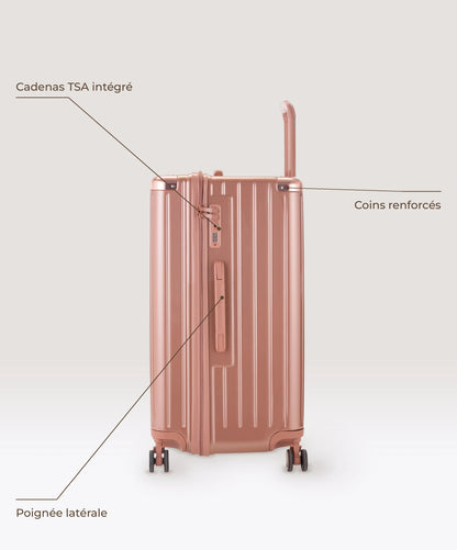 Valise Trunk L Intemporelle GYL en polycarbonate 71 cm coloris rose gold, vue de profil, cadenas TSA integre, poignee laterale et coins renforces