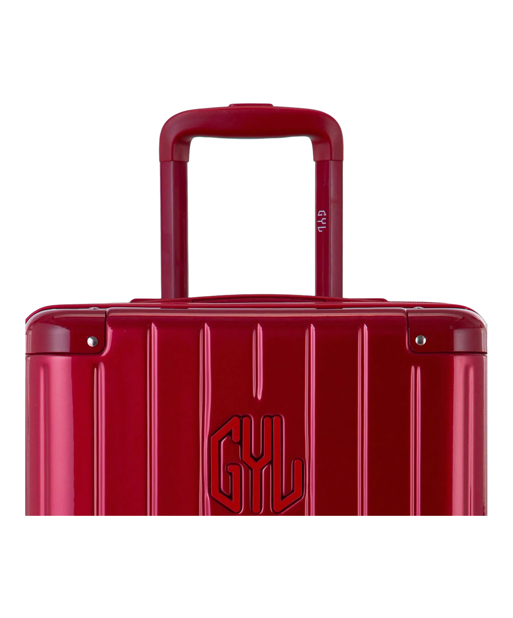 Zoom sur la poignee trolley et le logo GYL de la valise trunk L rouge fonce