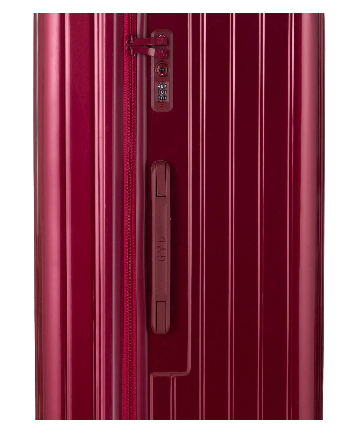 Valise Trunk L Intemporelle GYL en polycarbonate 71 cm coloris rouge fonce gros plan sur la serrure TSA et la fermeture eclair