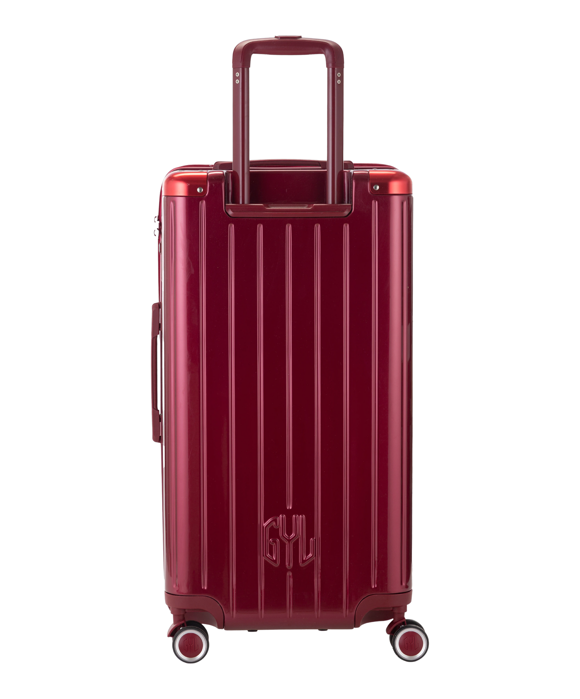 Valise Trunk L Intemporelle GYL en polycarbonate 71 cm coloris rouge fonce vue de dos avec trolley telescopique deploye