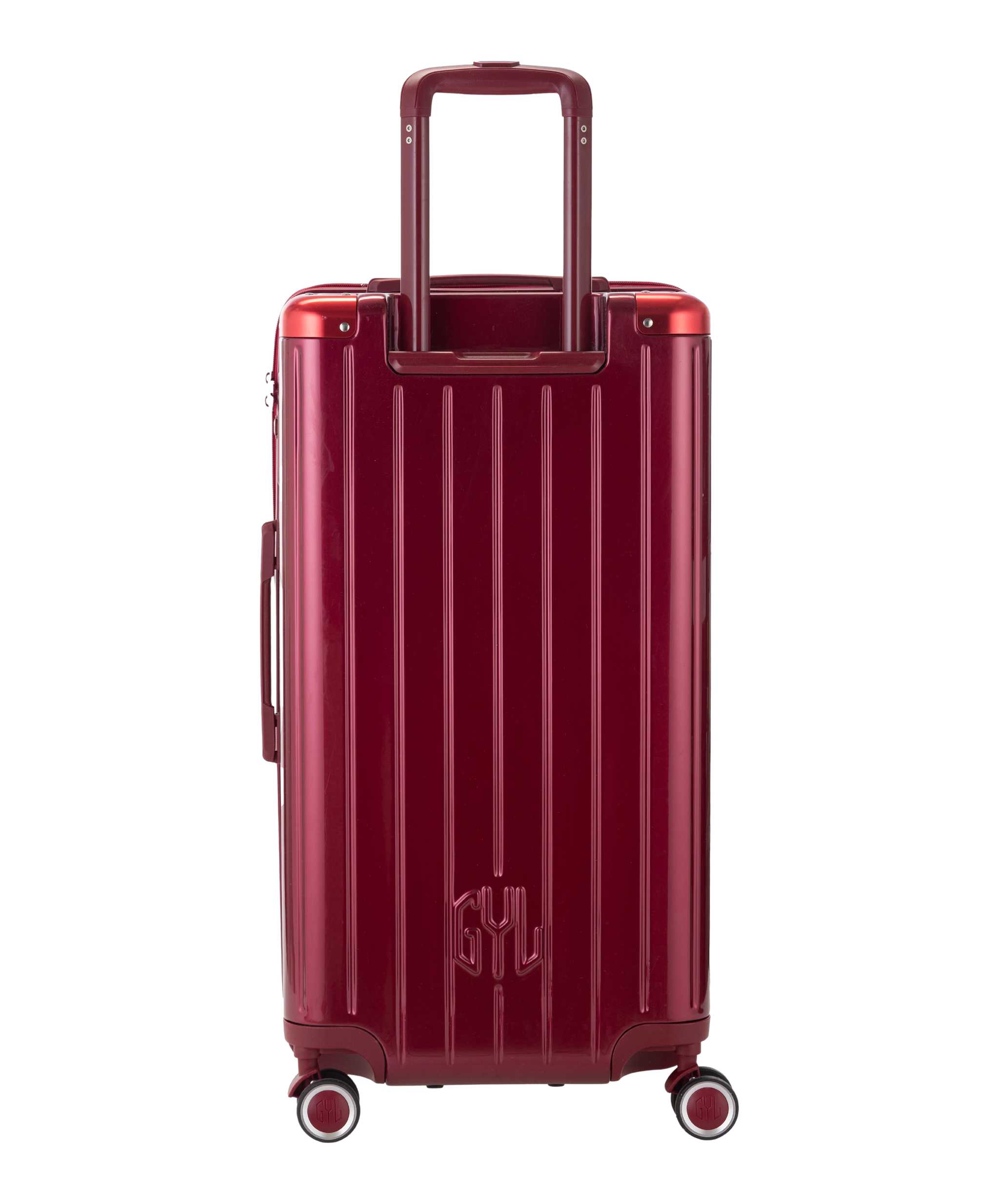 Valise Trunk L Intemporelle GYL en polycarbonate 71 cm coloris rouge fonce vue de dos avec trolley telescopique deploye
