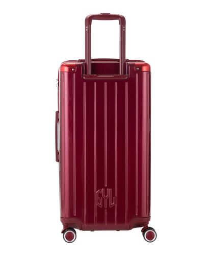 Valise Trunk L Intemporelle GYL en polycarbonate 71 cm coloris rouge fonce vue de dos avec trolley telescopique deploye