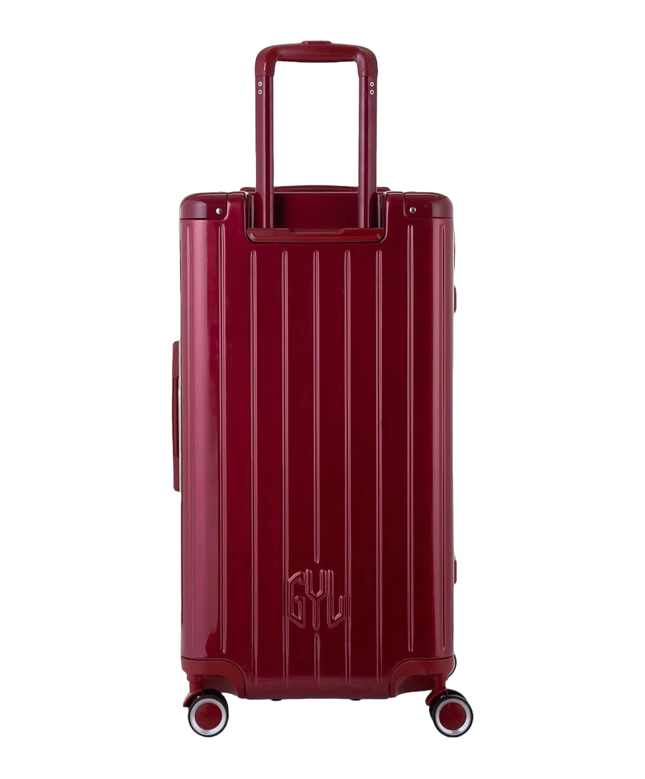 Dos de la valise trunk GYL L rouge fonce avec trolley telescopique deploye