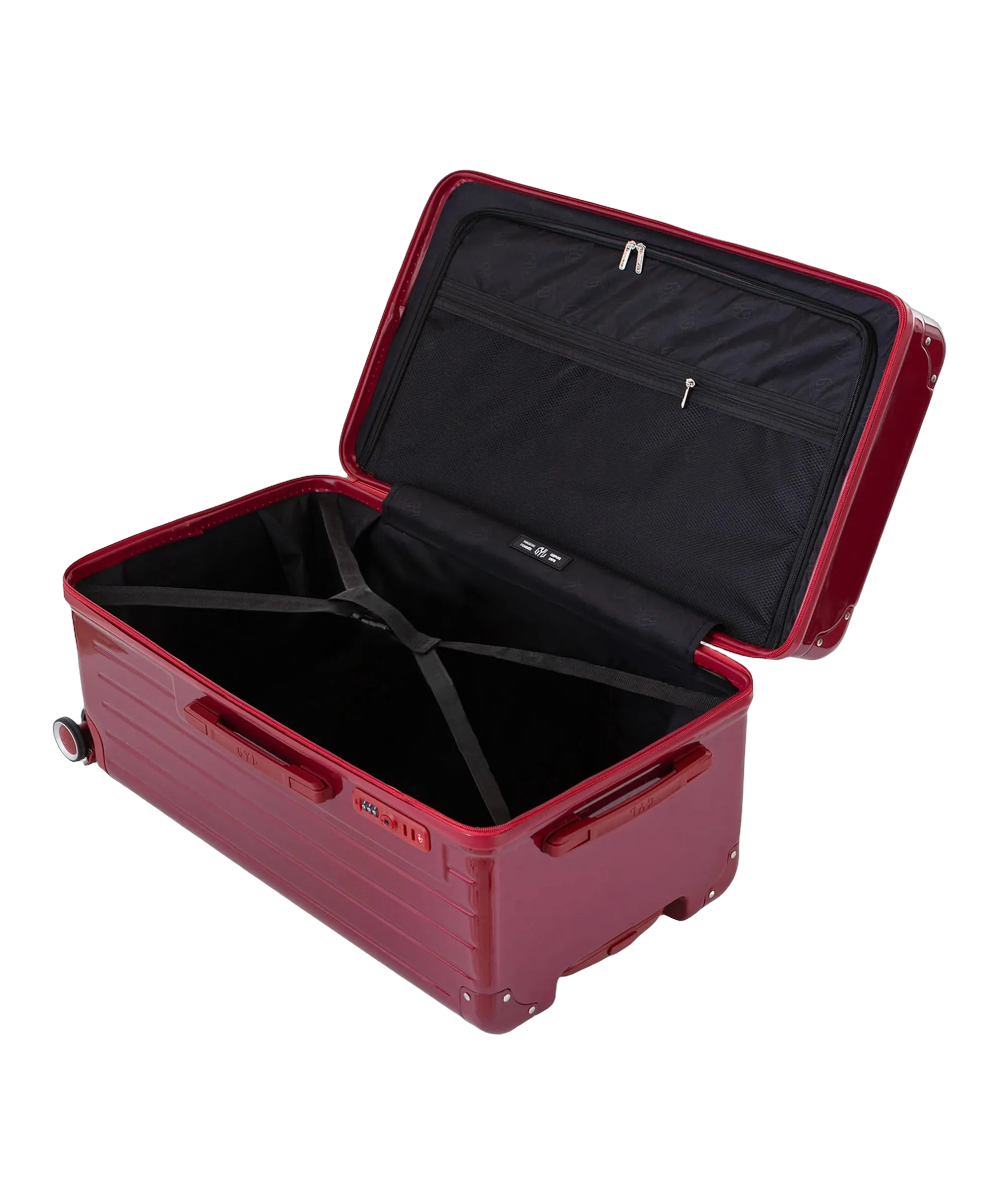 Interieur de la valise trunk GYL L rouge fonce ouvert avec compartiments et sangles
