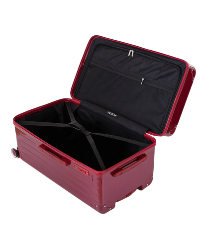Interieur de la valise trunk GYL L rouge fonce ouvert avec compartiments et sangles