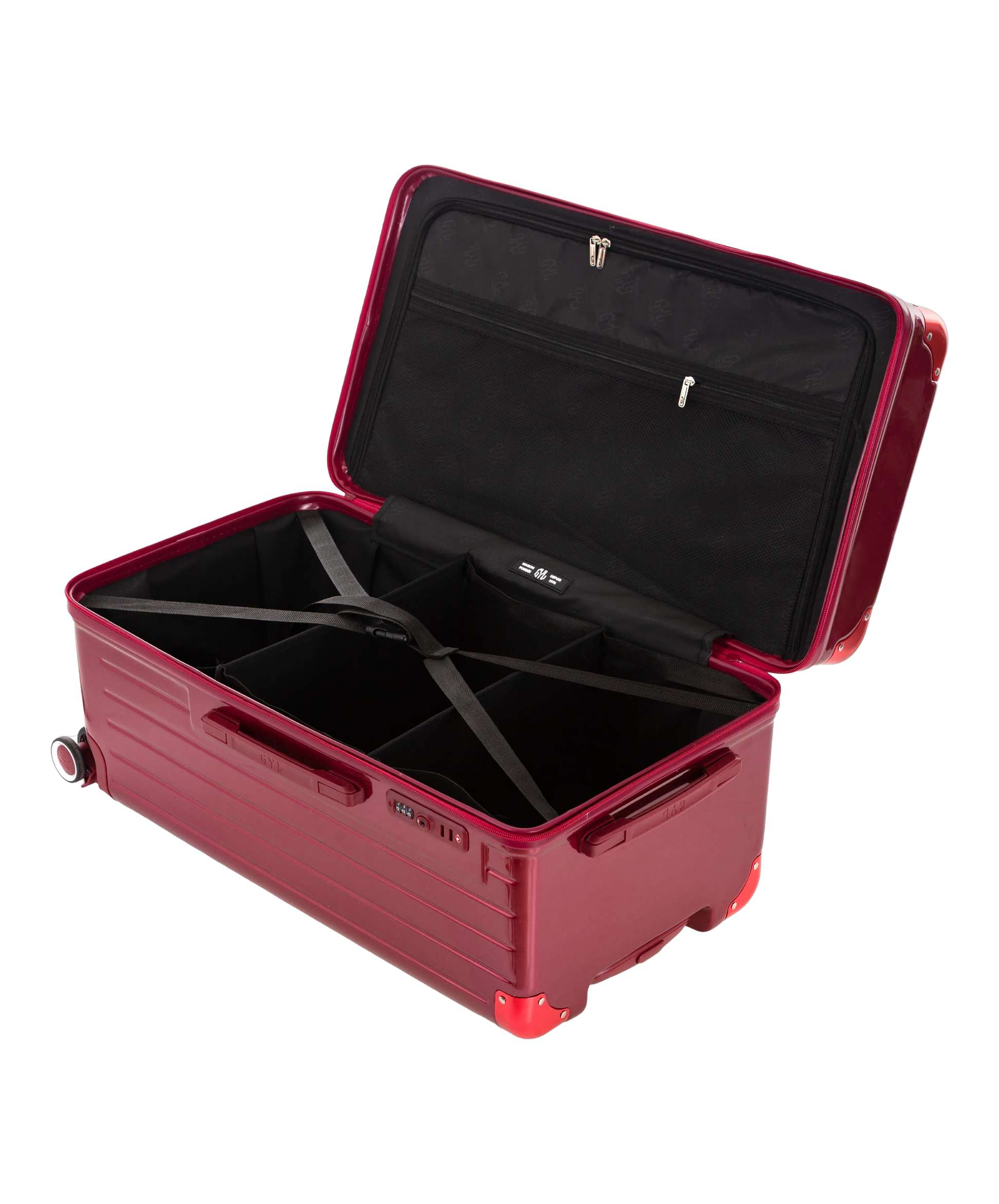 Valise Trunk L Intemporelle GYL en polycarbonate 71 cm coloris rouge fonce interieur ouvert a plat vu de dessus avec separateurs