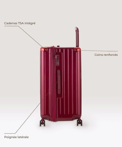 Valise Trunk L Intemporelle GYL en polycarbonate 71 cm coloris rouge fonce, vue de profil, cadenas TSA integre, poignee laterale et coins renforces