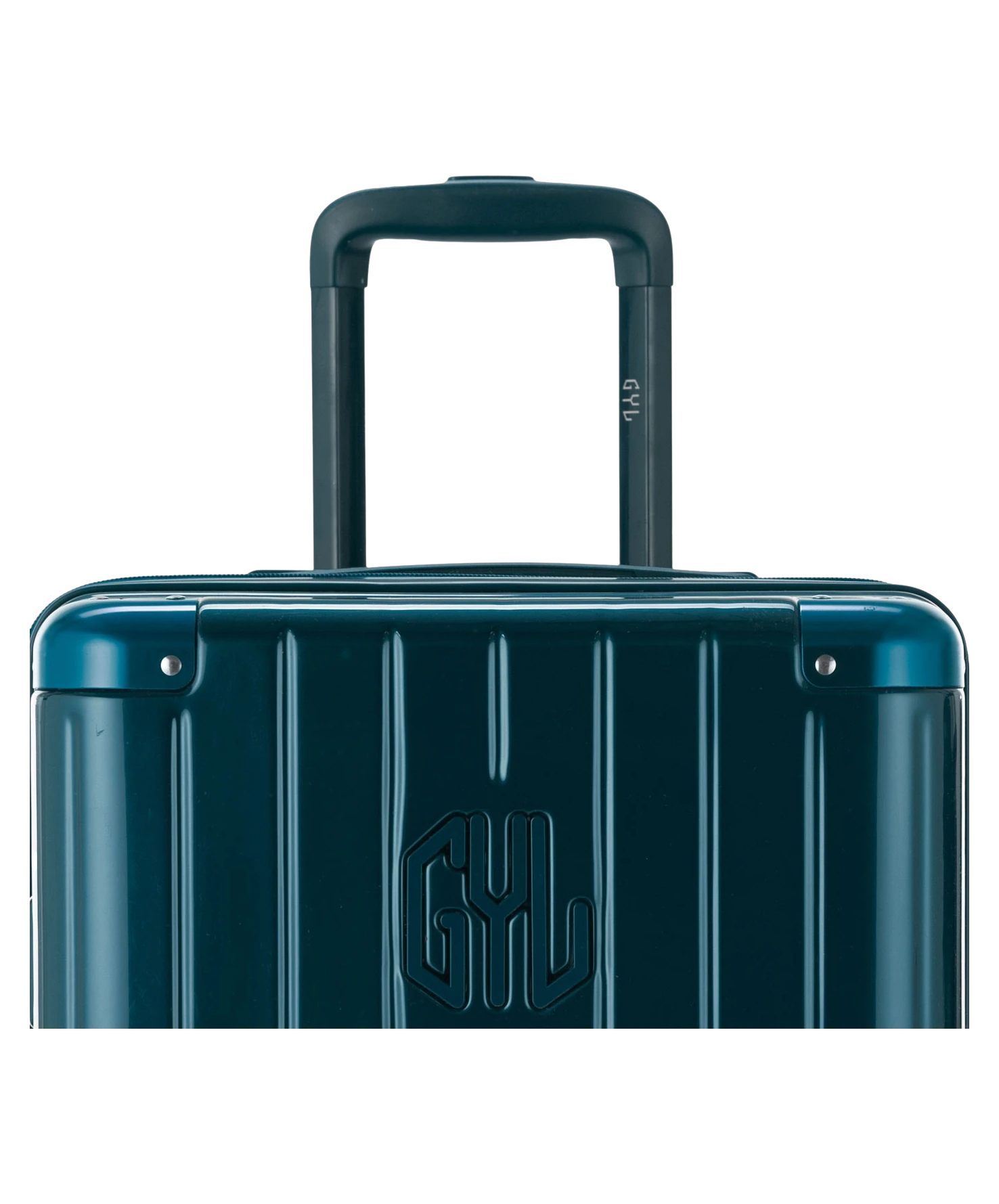 Valise Trunk L Intemporelle GYL en polycarbonate 71 cm coloris sapin gros plan sur la poignee trolley et les coins renforces