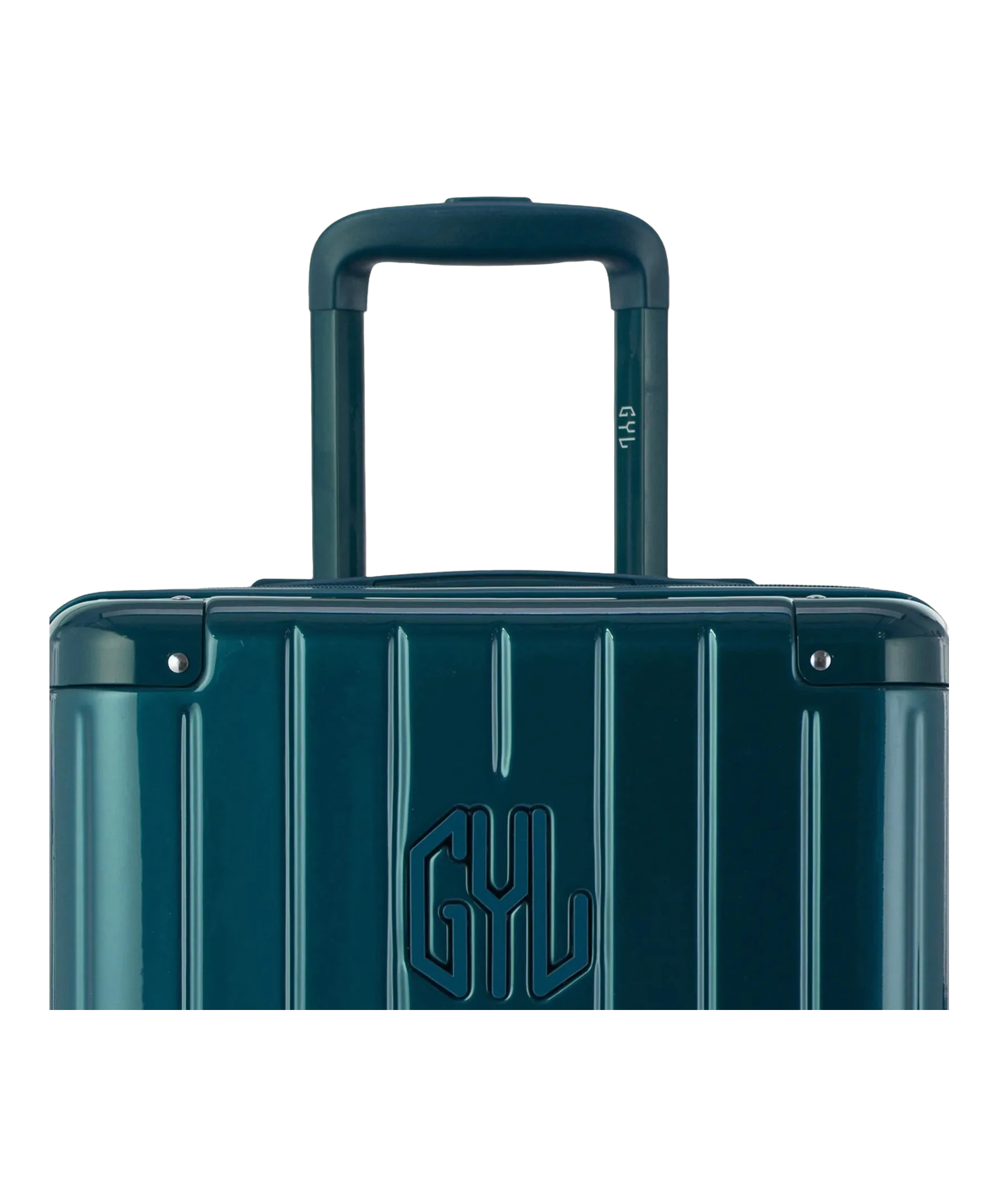 Zoom sur la poignee trolley et le logo GYL de la valise trunk L sapin
