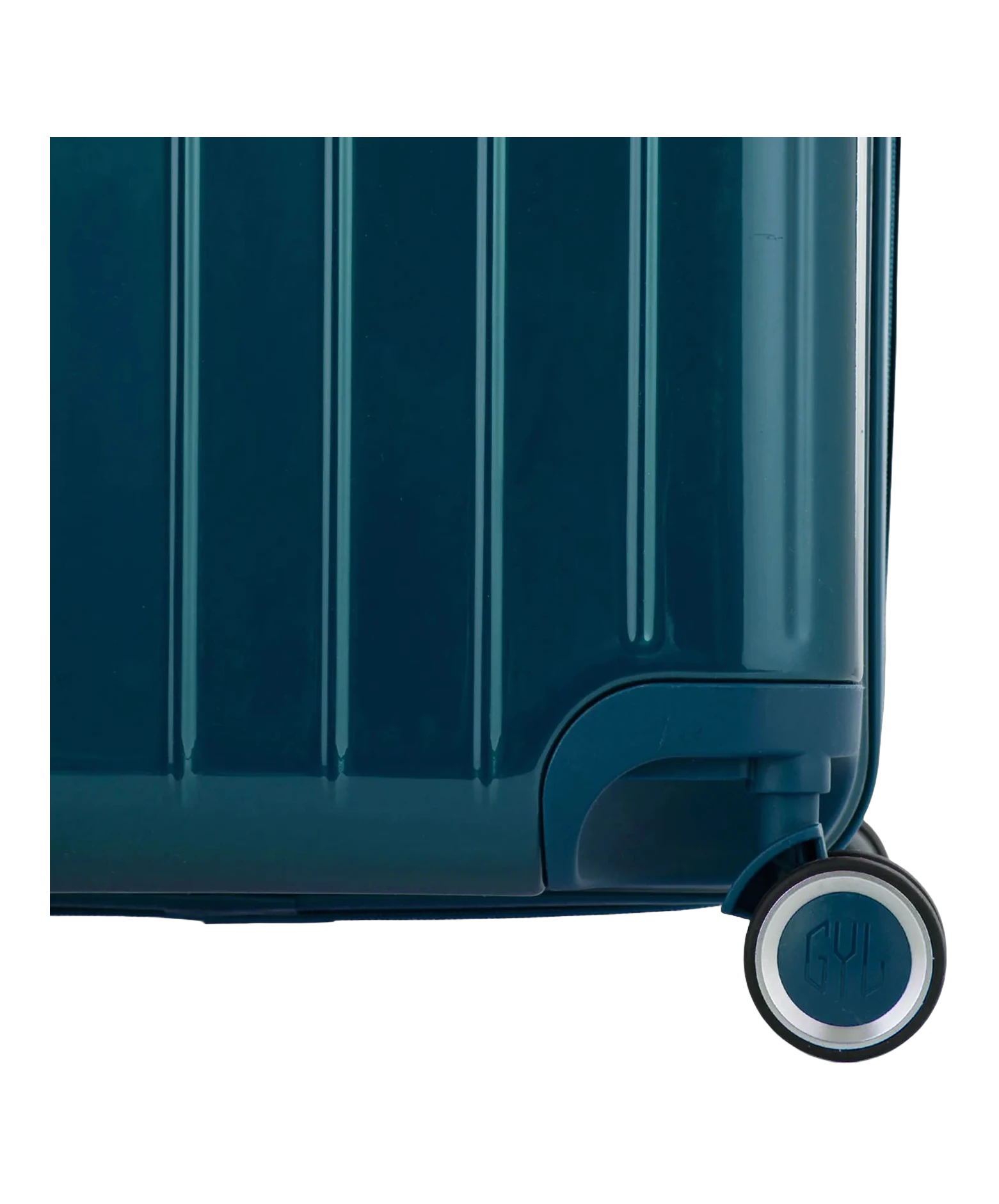 Detail de la roue et du logo GYL sur le bas de la valise trunk L sapin