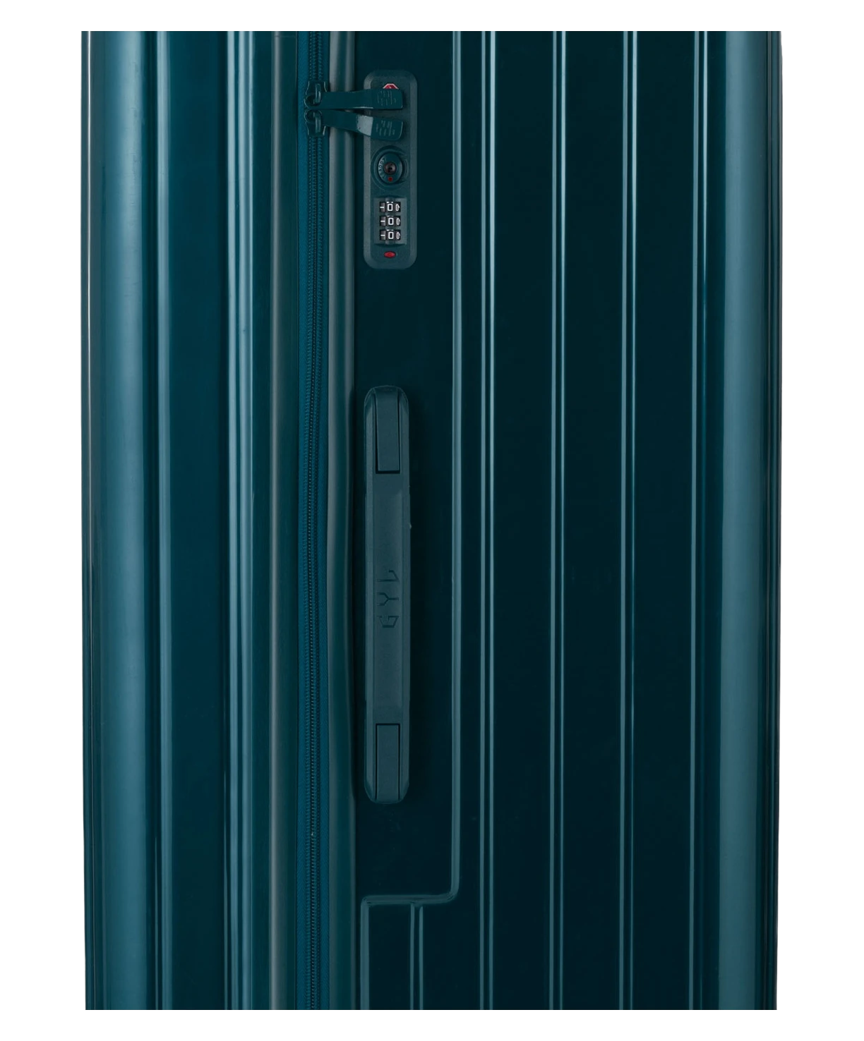 Valise Trunk L Intemporelle GYL en polycarbonate 71 cm coloris sapin gros plan sur la serrure TSA et la fermeture eclair