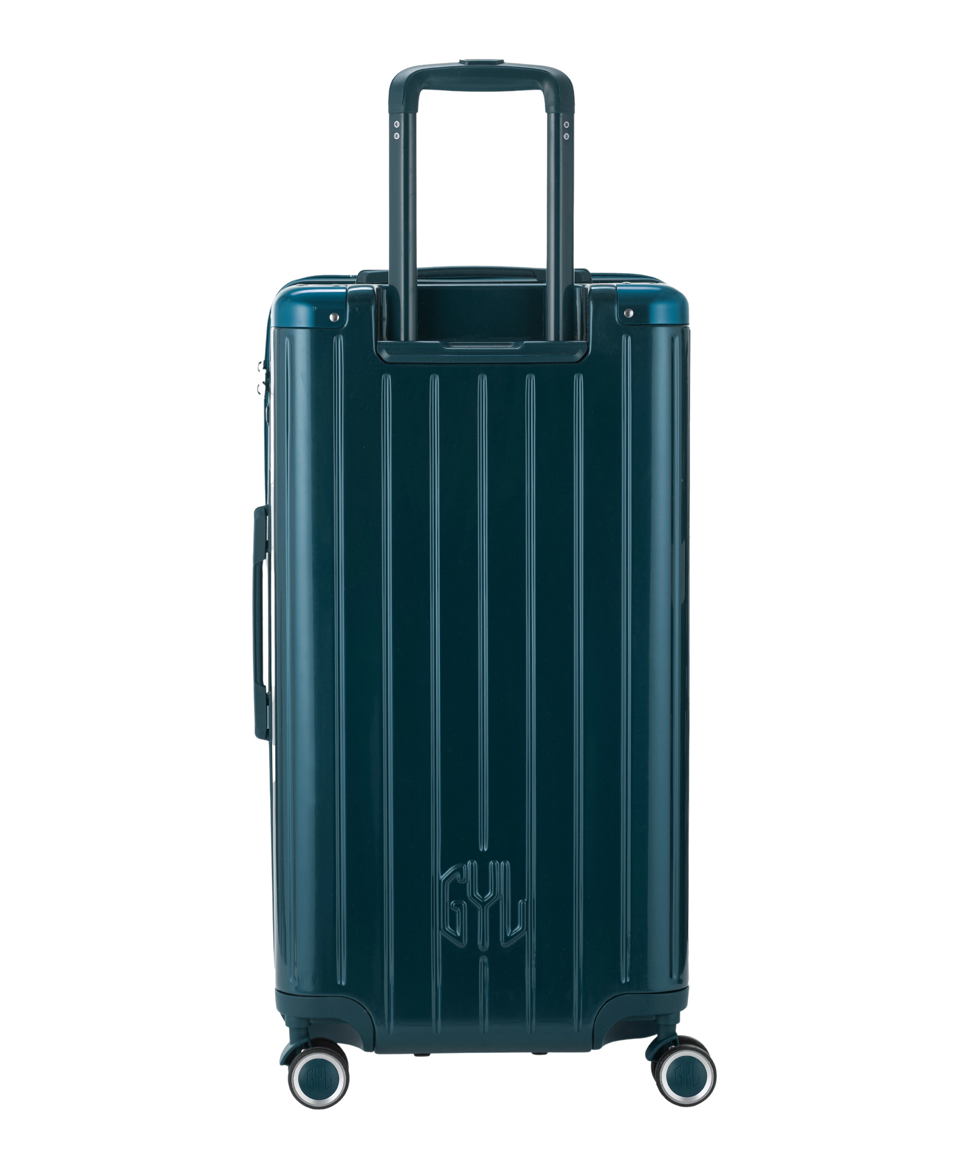 Valise Trunk L Intemporelle GYL en polycarbonate 71 cm coloris sapin vue de dos avec trolley telescopique deploye