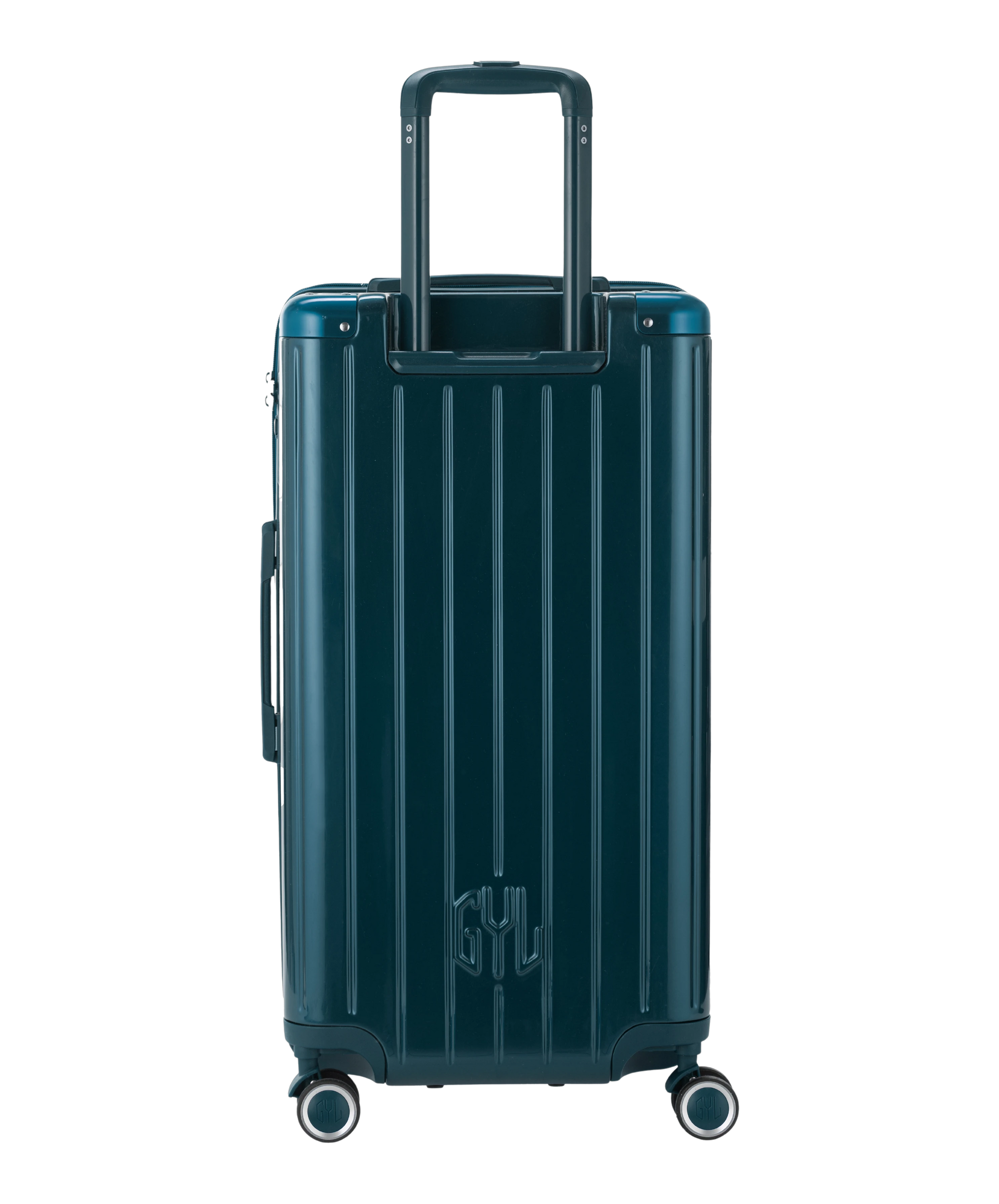 Valise Trunk L Intemporelle GYL en polycarbonate 71 cm coloris sapin vue de dos avec trolley telescopique deploye