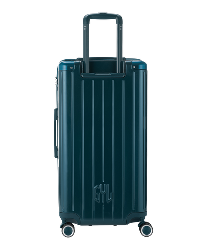 Valise Trunk L Intemporelle GYL en polycarbonate 71 cm coloris sapin vue de dos avec trolley telescopique deploye