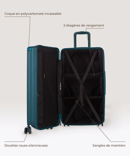 Valise Trunk L Intemporelle GYL en polycarbonate 71 cm coloris sapin, interieur ouvert, 2 etageres de rangement, sangles de maintien, coque en polycarbonate et doubles roues