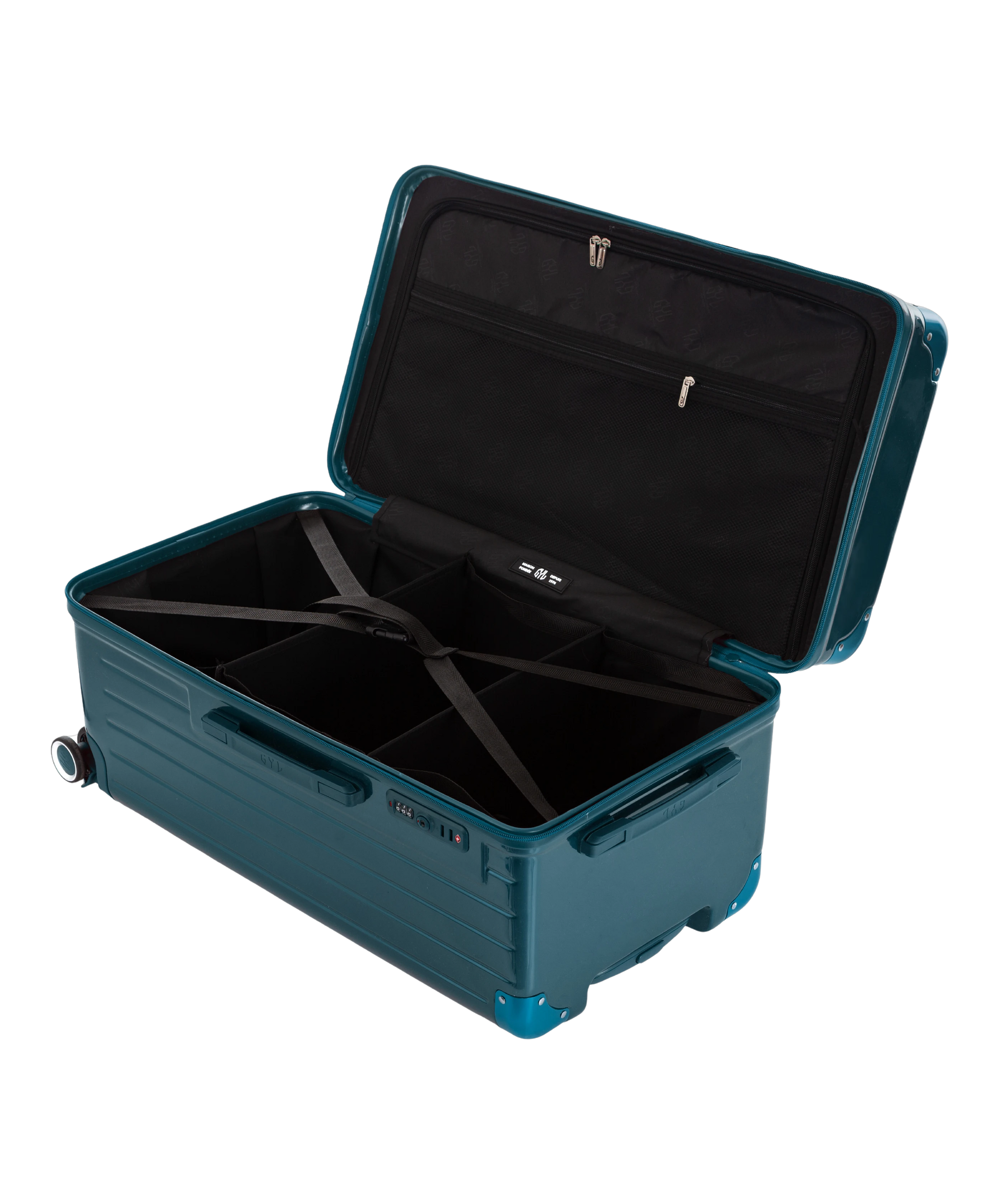 Valise Trunk L Intemporelle GYL en polycarbonate 71 cm coloris sapin interieur ouvert a plat vu de dessus avec separateurs