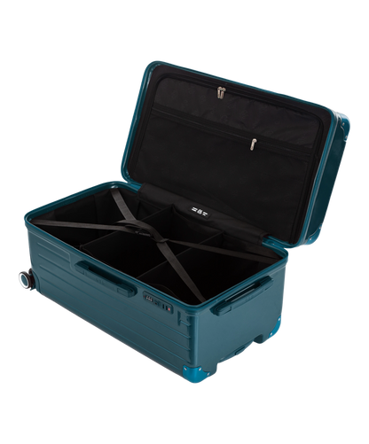 Valise Trunk L Intemporelle GYL en polycarbonate 71 cm coloris sapin interieur ouvert a plat vu de dessus avec separateurs