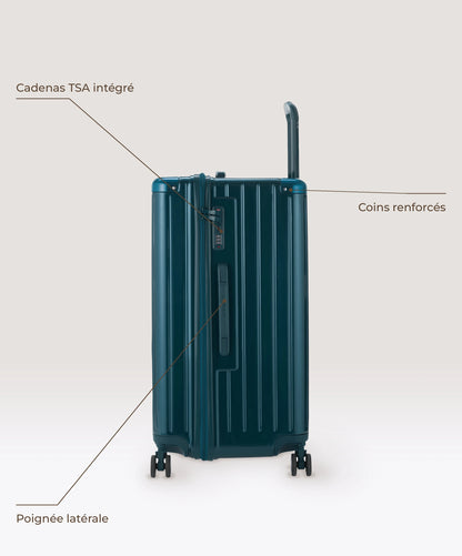 Valise Trunk L Intemporelle GYL en polycarbonate 71 cm coloris sapin, vue de profil, cadenas TSA integre, poignee laterale et coins renforces