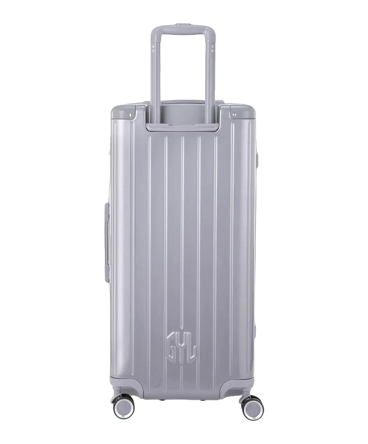 Valise trunk GYL taille XL argent vue de dos avec trolley telescopique deploye