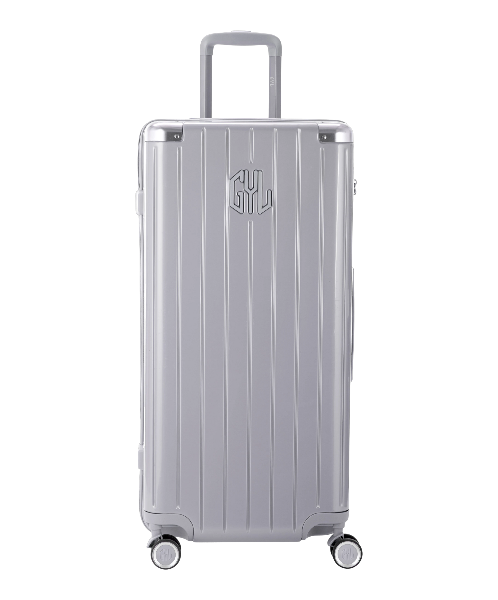 Valise Trunk XL Intemporelle GYL en polycarbonate 78 cm coloris argent vue de face avec logo GYL en relief
