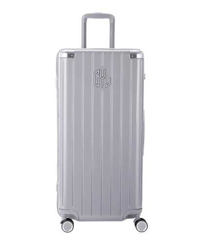 Valise Trunk XL Intemporelle GYL en polycarbonate 78 cm coloris argent vue de face avec logo GYL en relief