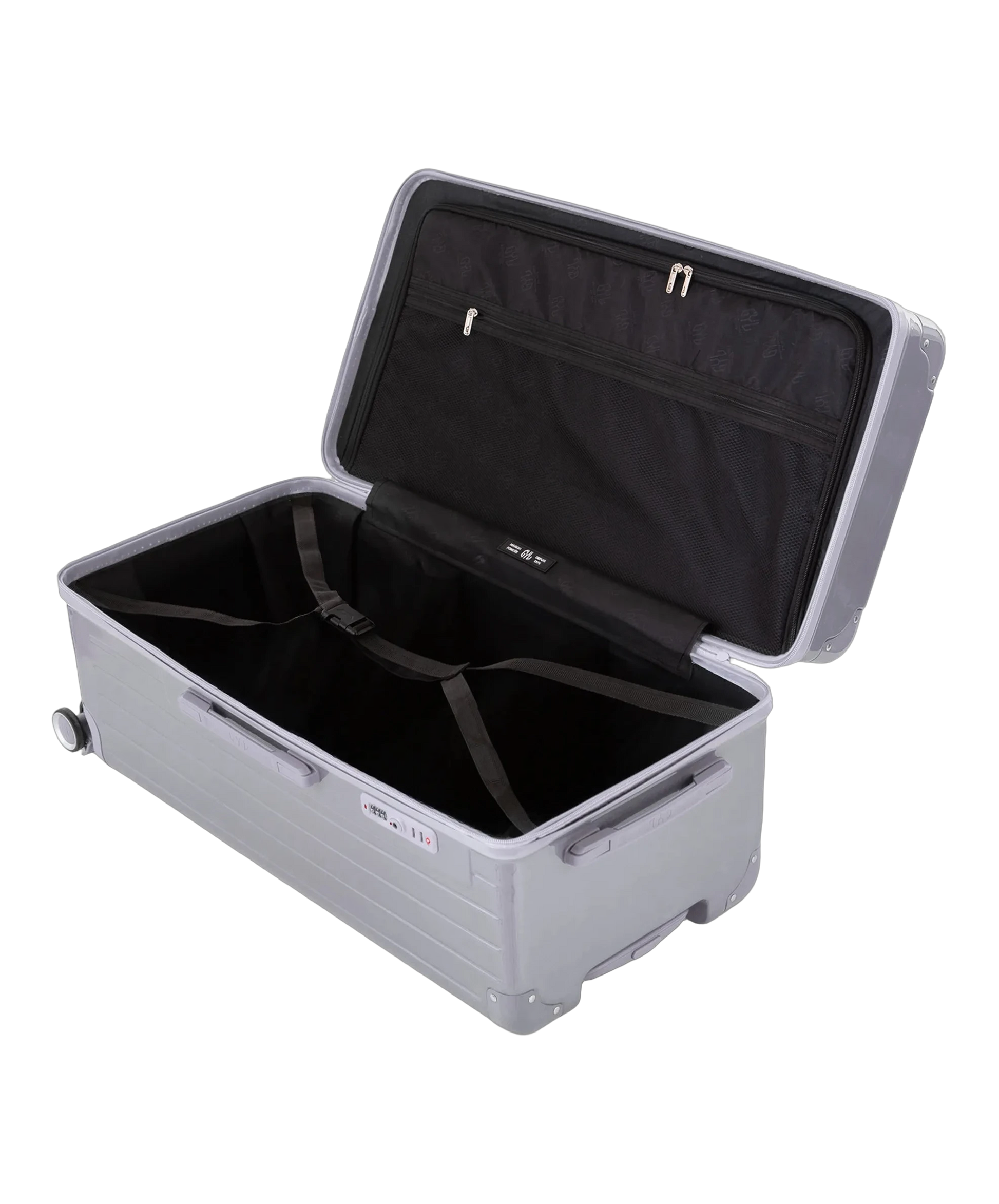 Valise trunk GYL taille XL argent interieur ouvert avec compartiments et sangles