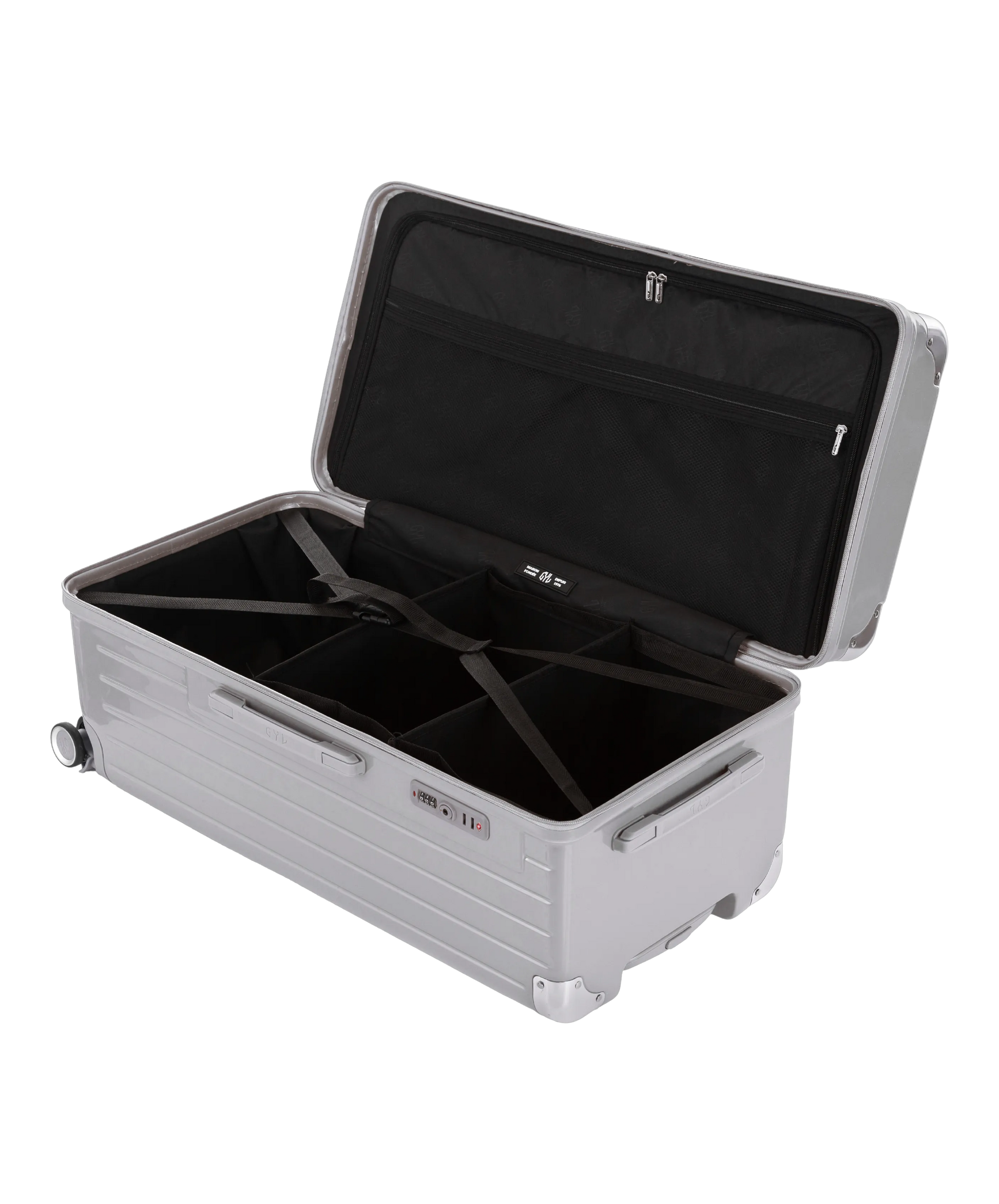 Valise Trunk XL Intemporelle GYL en polycarbonate 78 cm coloris argent interieur ouvert a plat vu de dessus avec separateurs