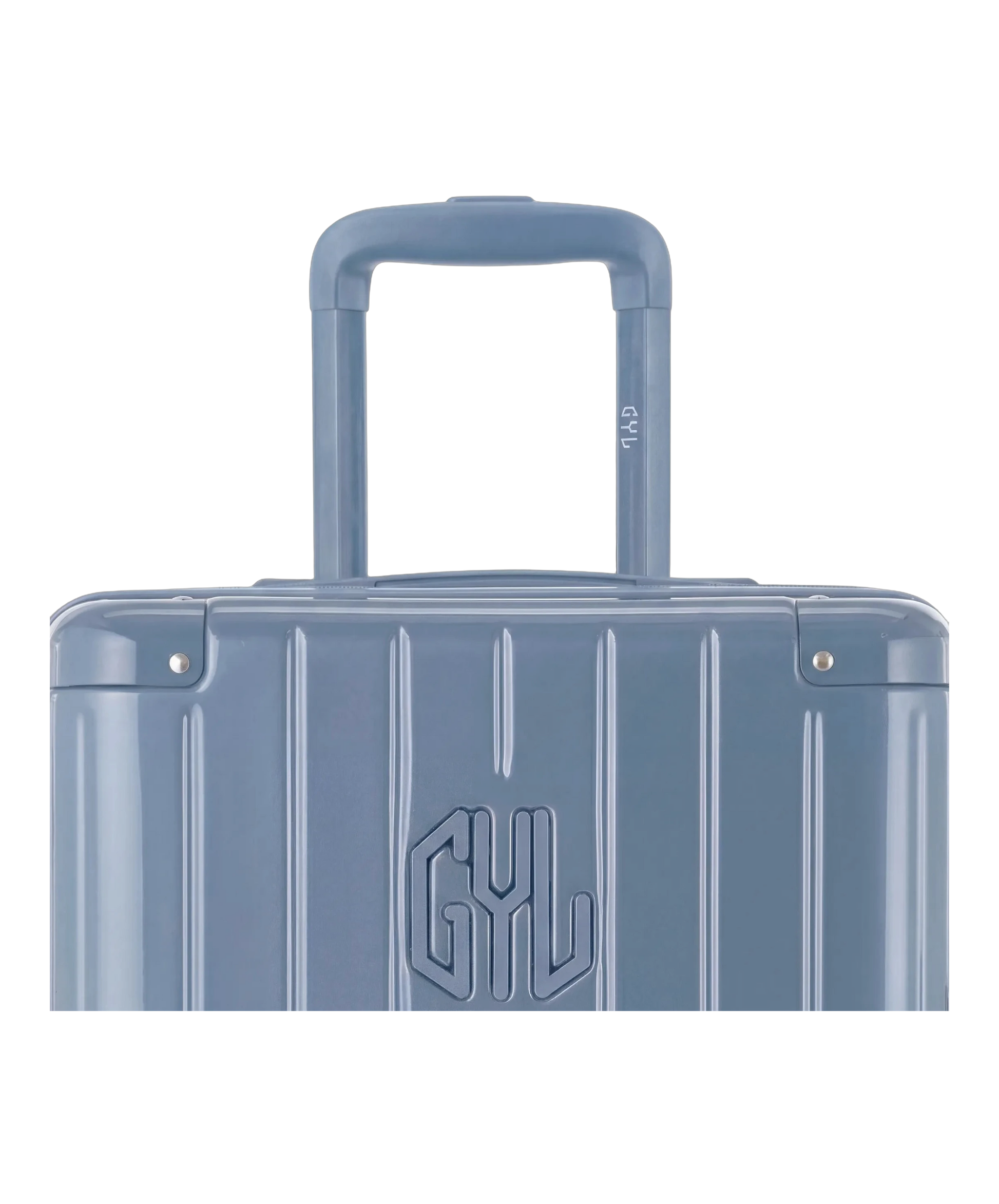 Valise trunk GYL taille XL bleu grise zoom sur la poignee trolley